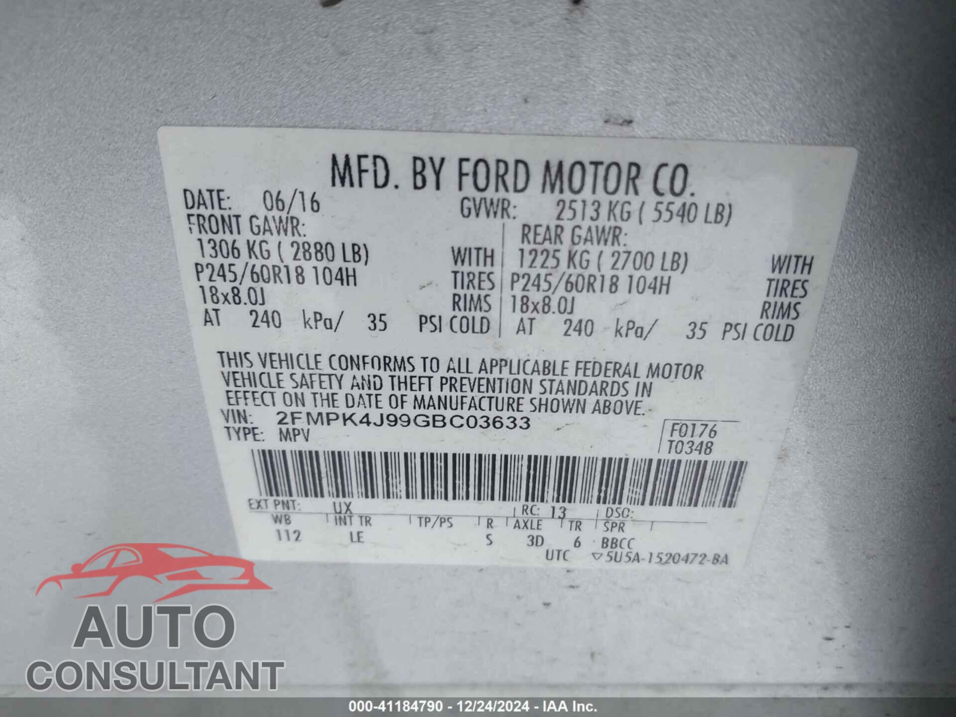 FORD EDGE 2016 - 2FMPK4J99GBC03633