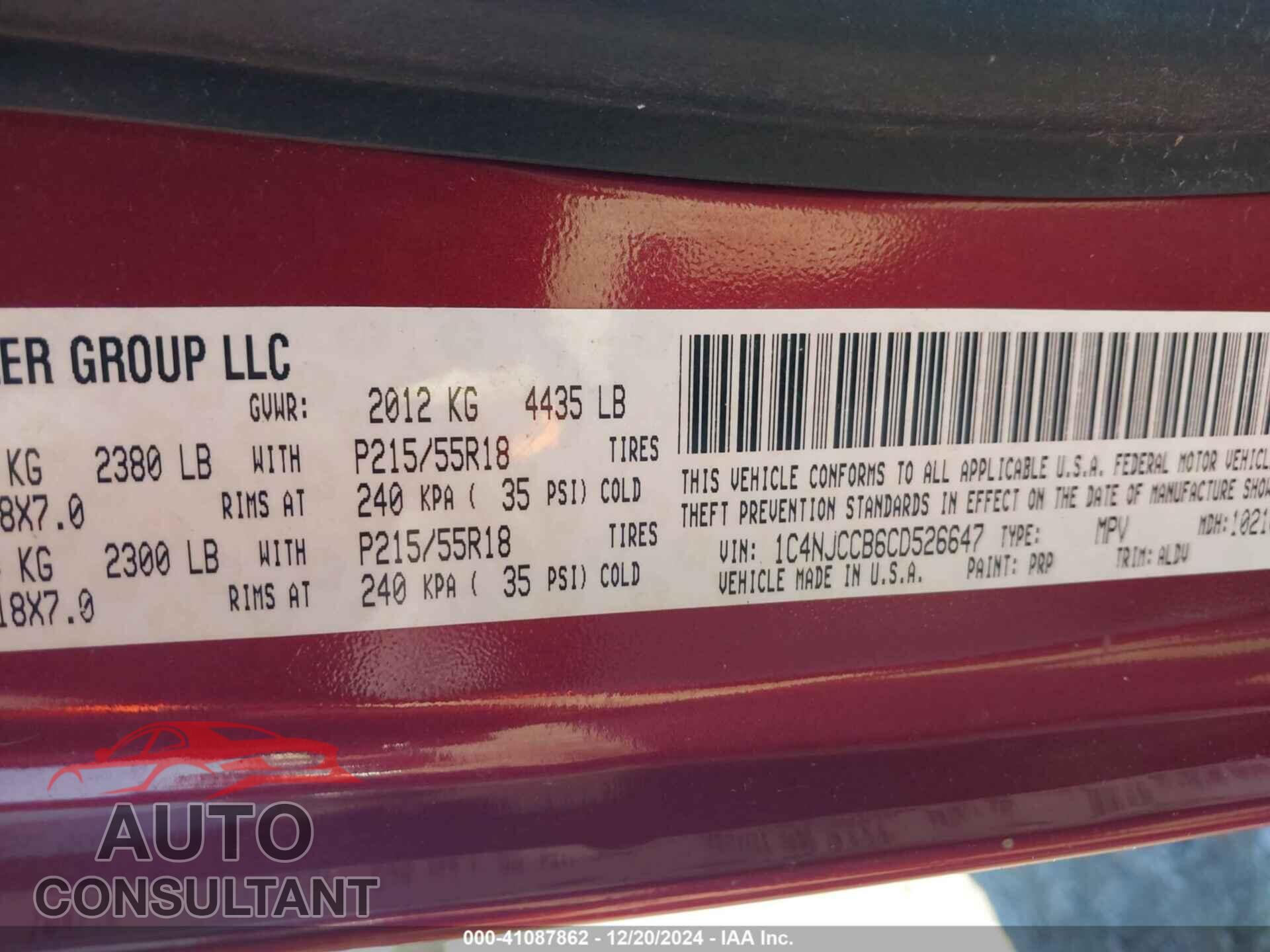 JEEP COMPASS 2012 - 1C4NJCCB6CD526647
