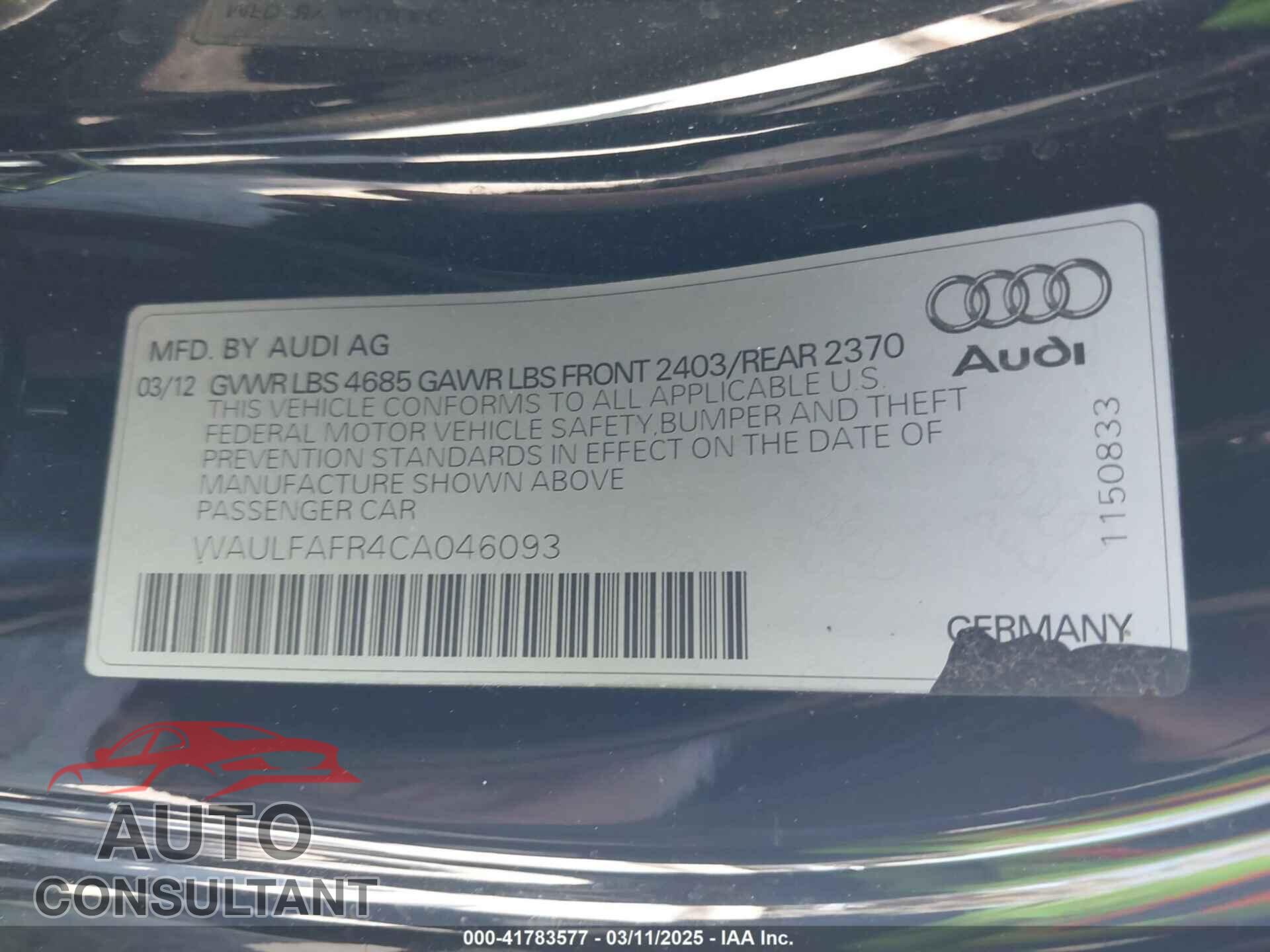 AUDI A5 2012 - WAULFAFR4CA046093