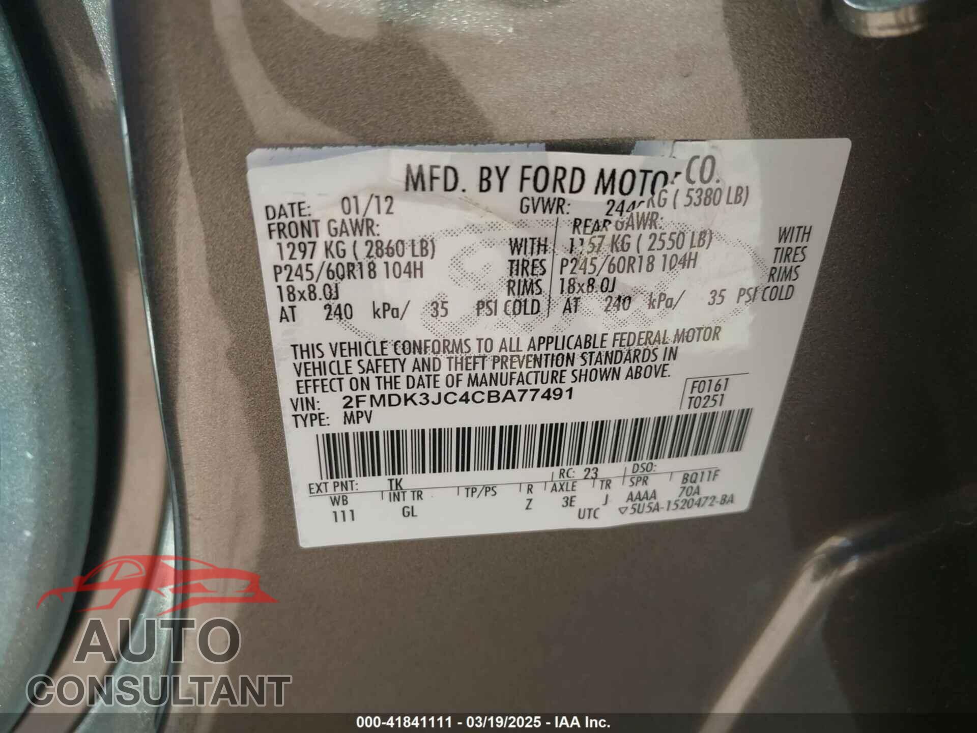 FORD EDGE 2012 - 2FMDK3JC4CBA77491
