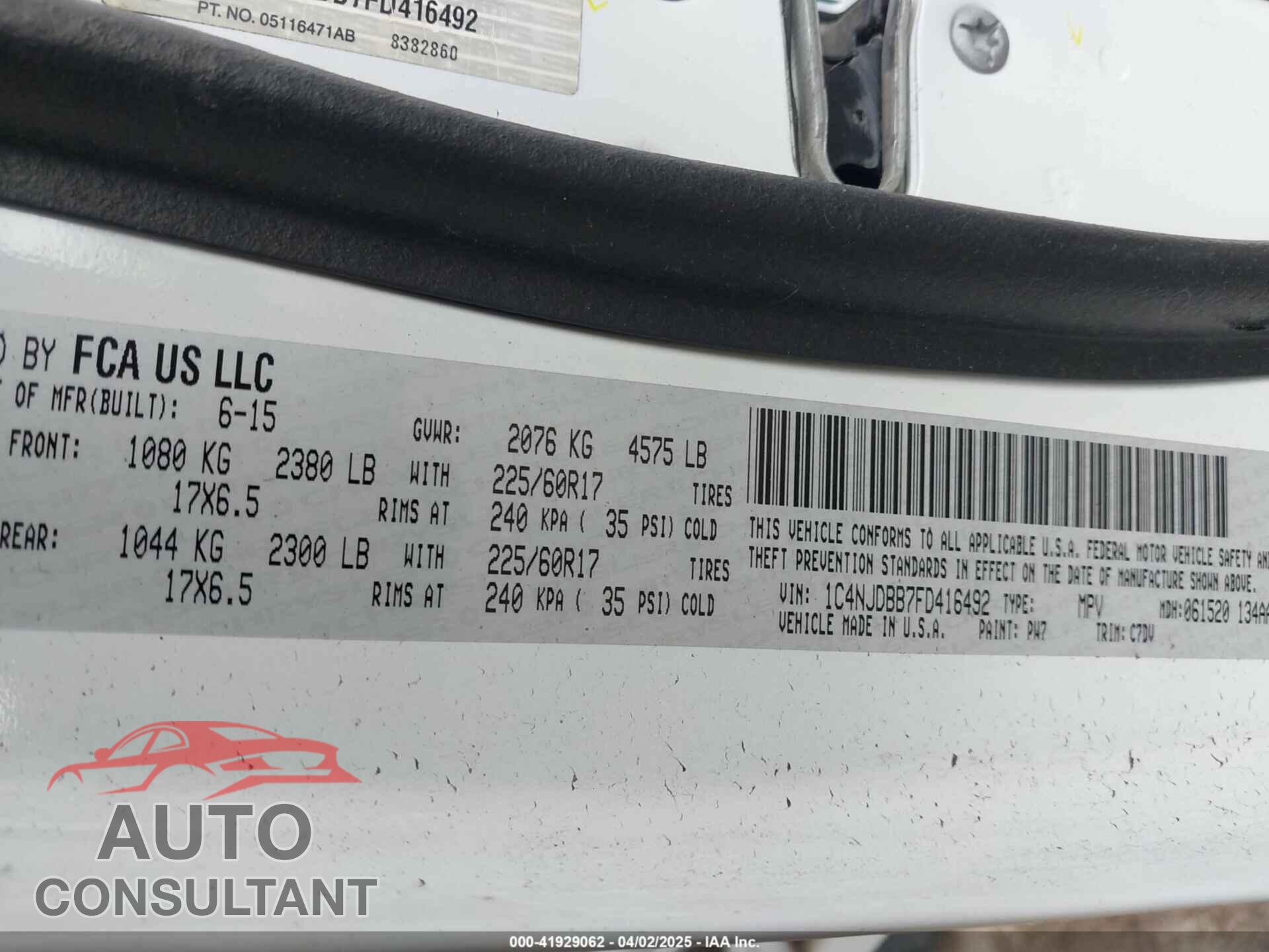 JEEP COMPASS 2015 - 1C4NJDBB7FD416492