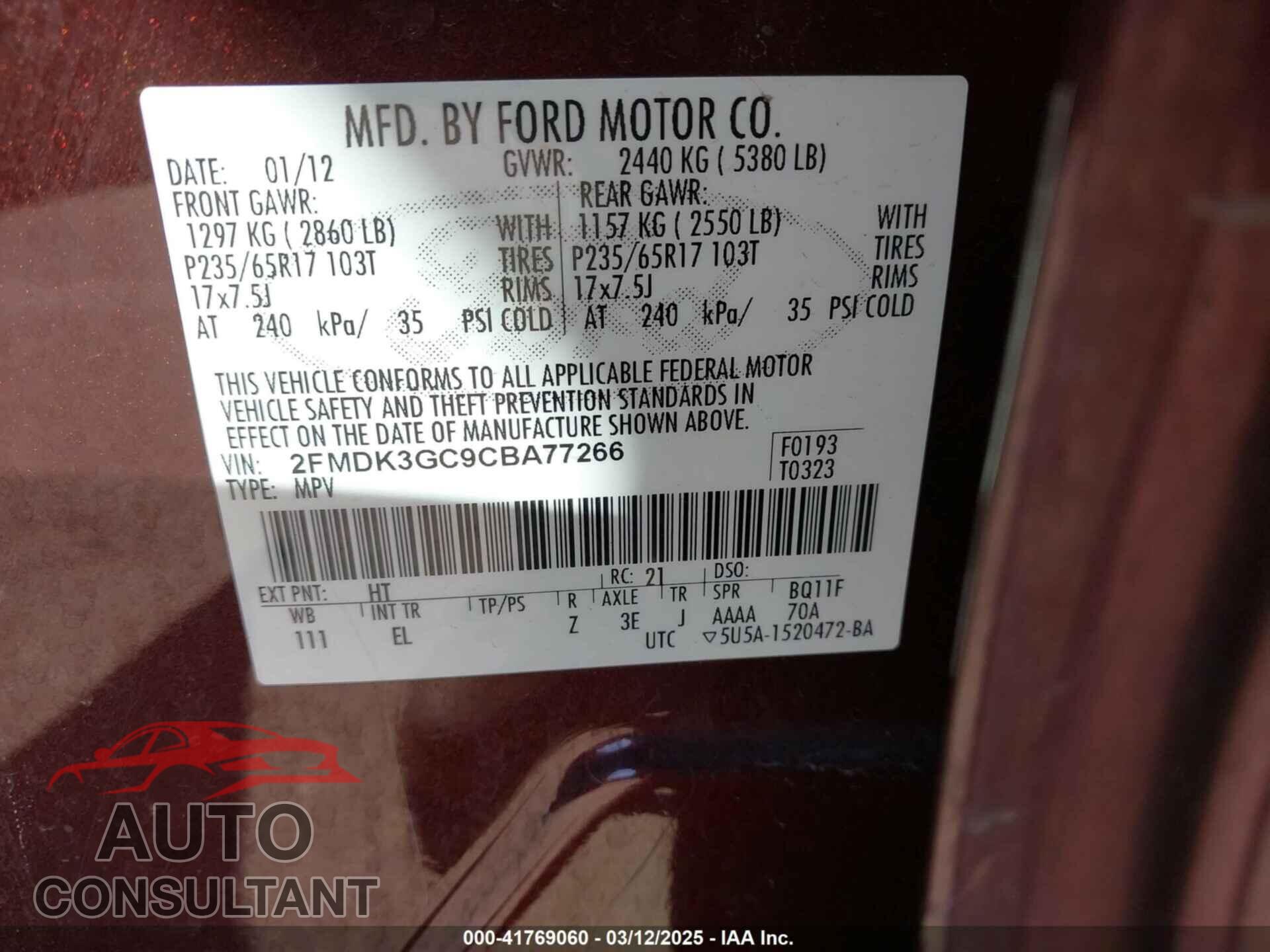 FORD EDGE 2012 - 2FMDK3GC9CBA77266