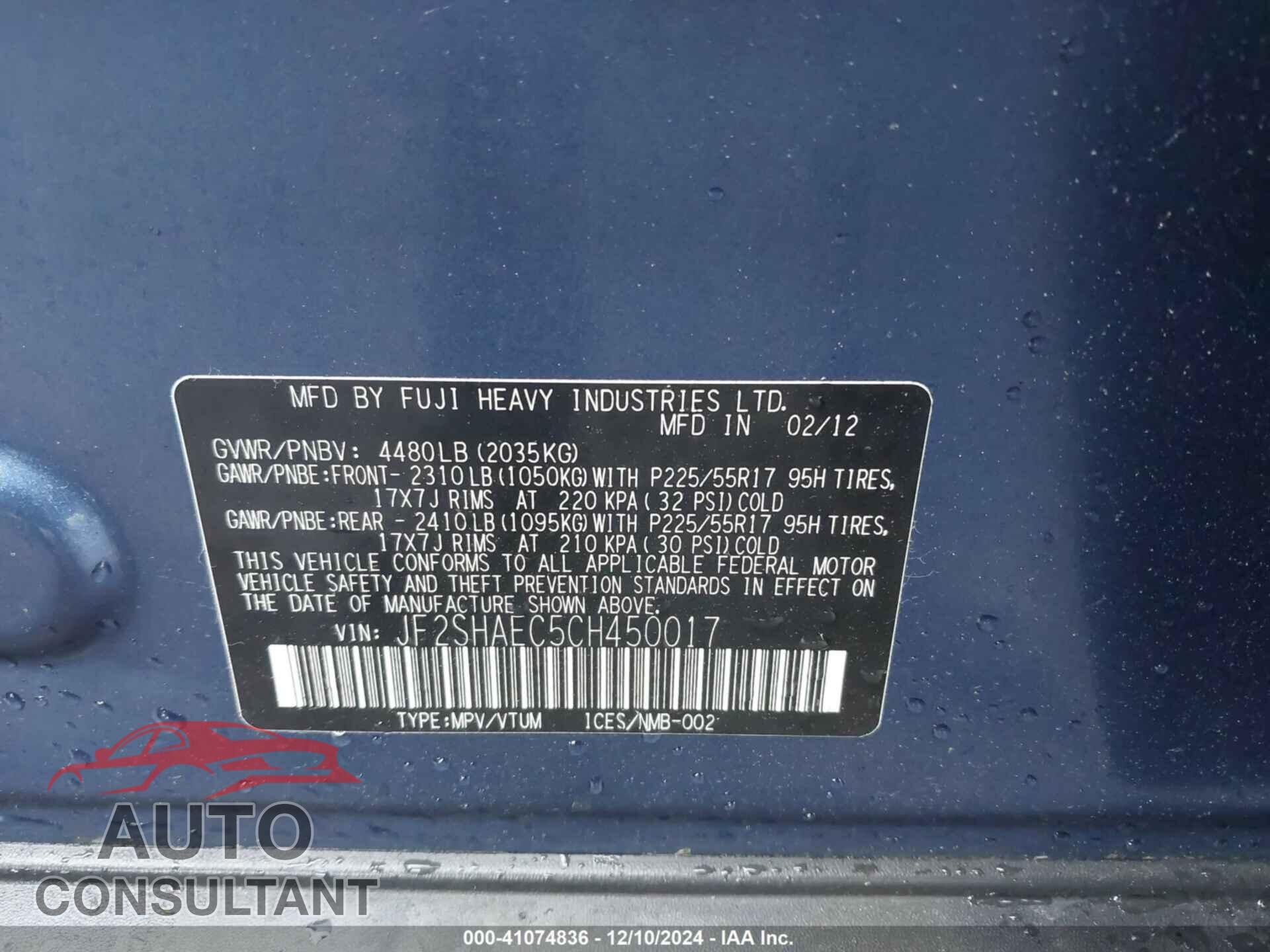 SUBARU FORESTER 2012 - JF2SHAEC5CH450017
