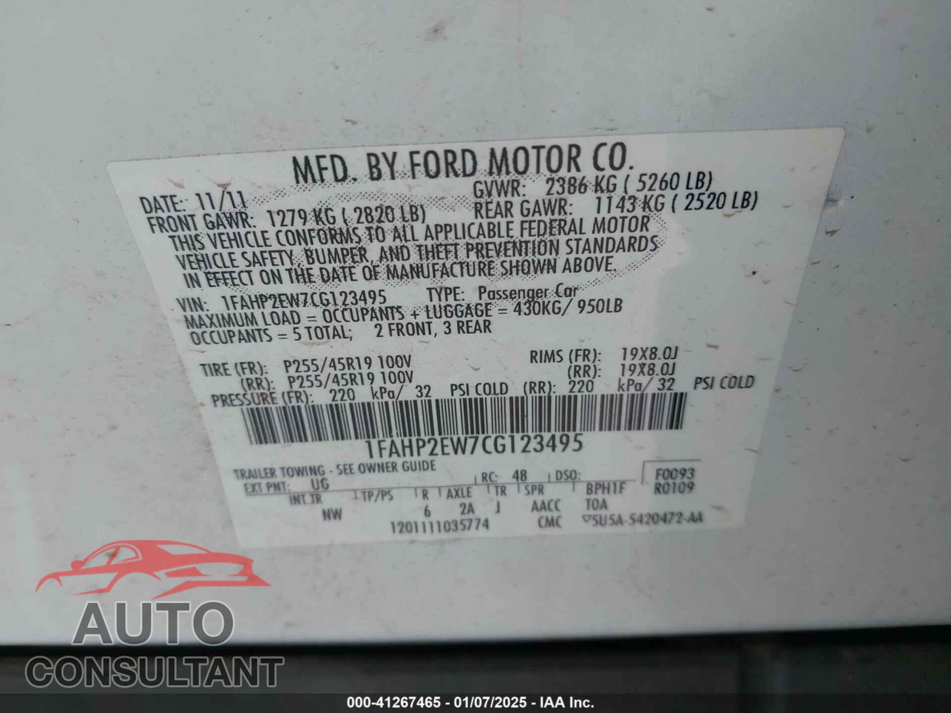 FORD TAURUS 2012 - 1FAHP2EW7CG123495