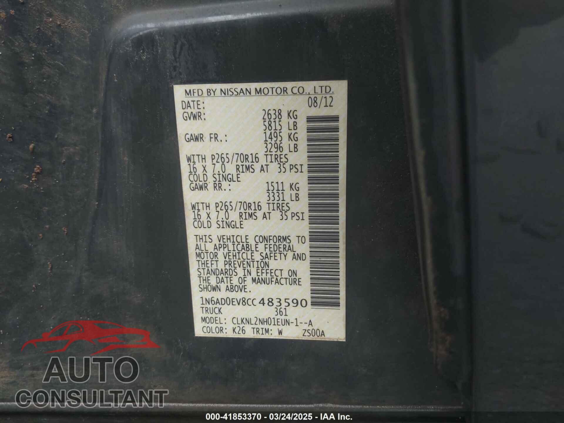 NISSAN FRONTIER 2012 - 1N6AD0EV8CC483590