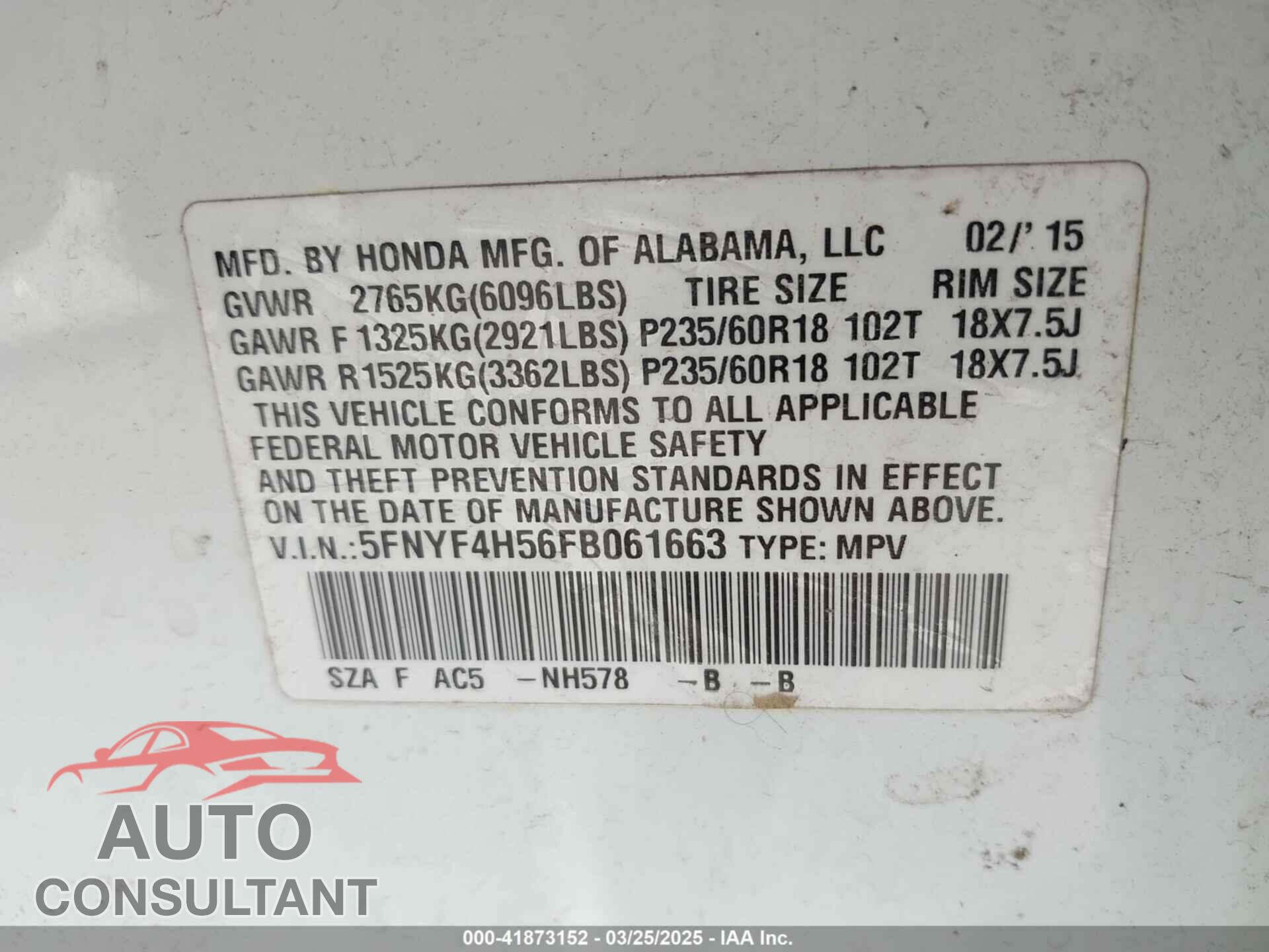 HONDA PILOT 2015 - 5FNYF4H56FB061663