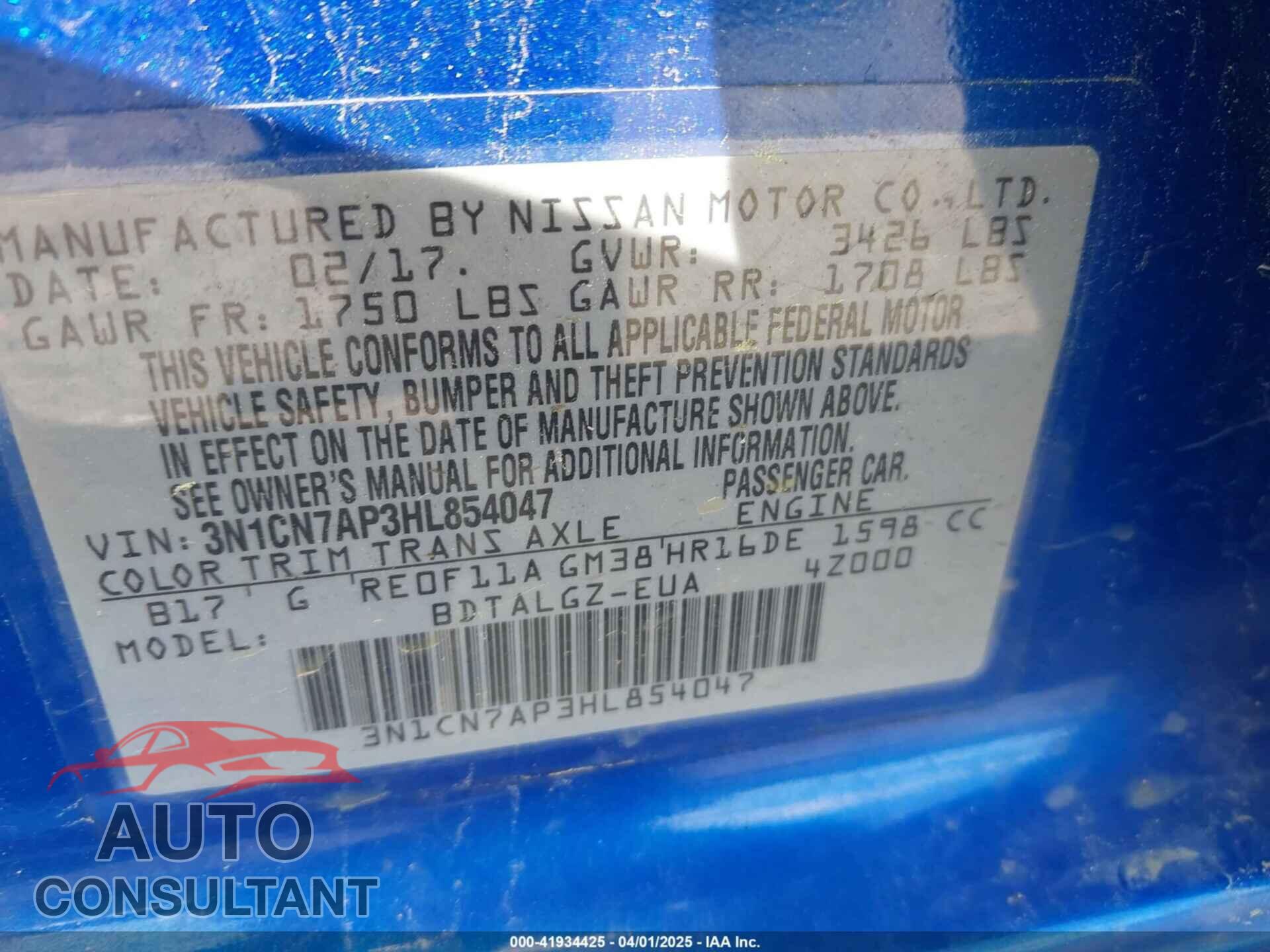 NISSAN VERSA 2017 - 3N1CN7AP3HL854047