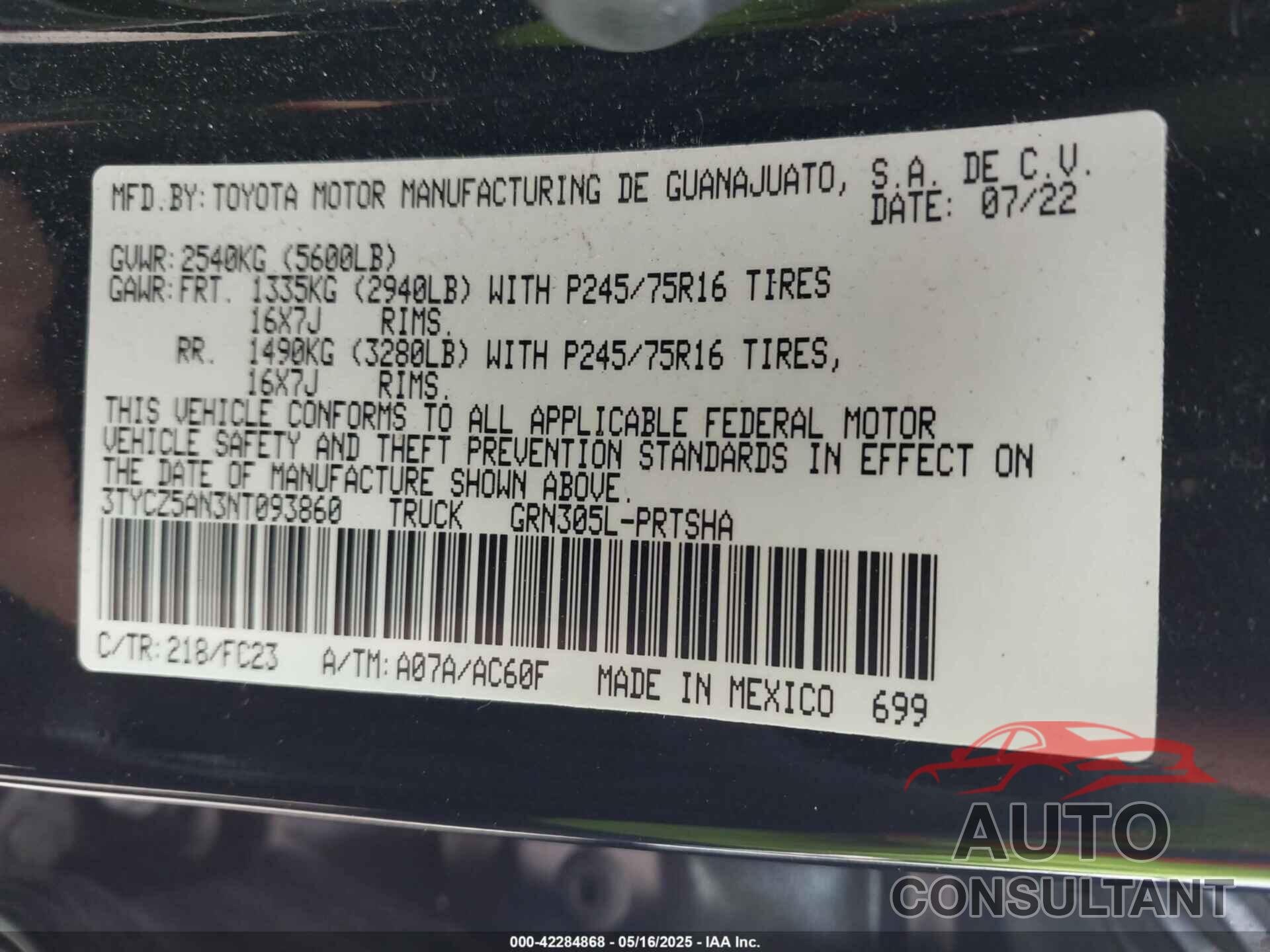 TOYOTA TACOMA 2022 - 3TYCZ5AN3NT093860