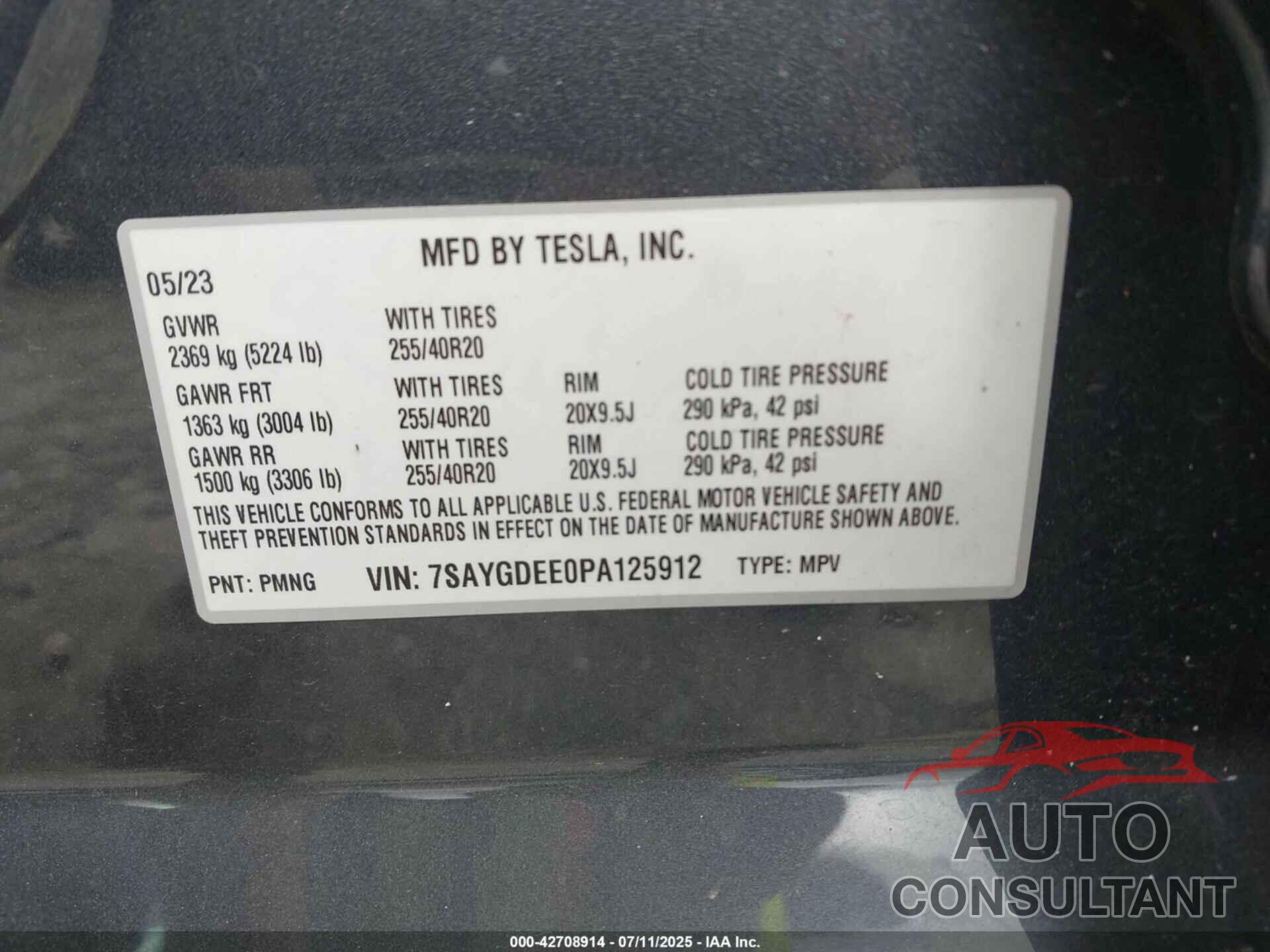 TESLA MODEL Y 2023 - 7SAYGDEE0PA125912
