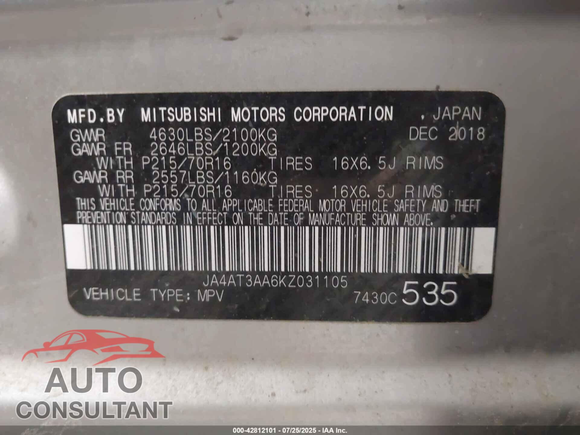 MITSUBISHI ECLIPSE CROSS 2019 - JA4AT3AA6KZ031105