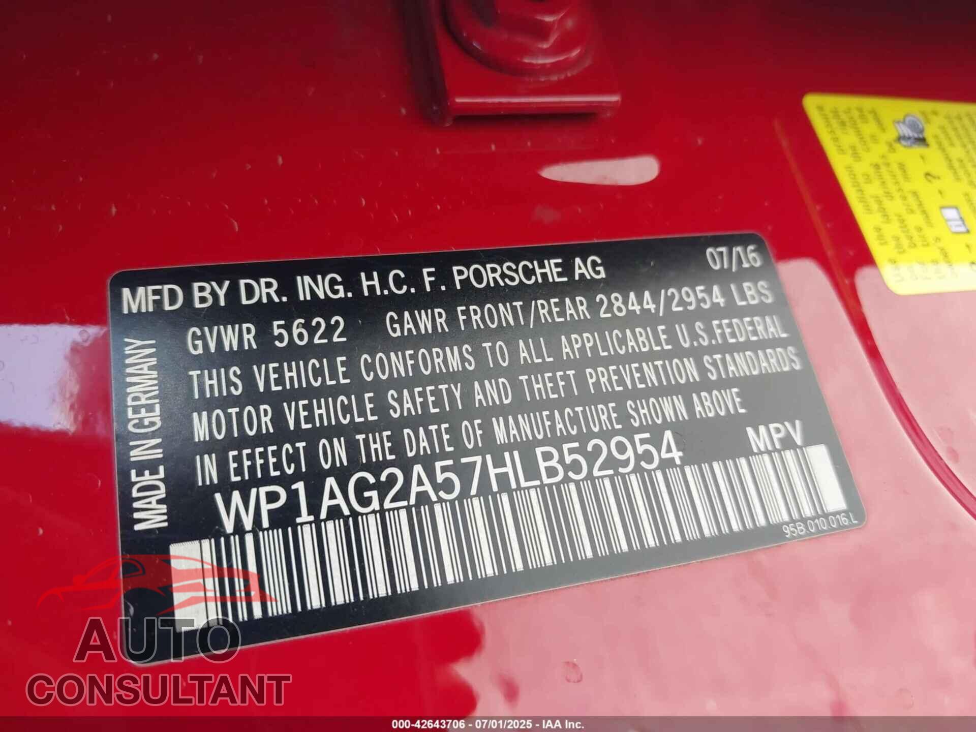 PORSCHE MACAN 2017 - WP1AG2A57HLB52954