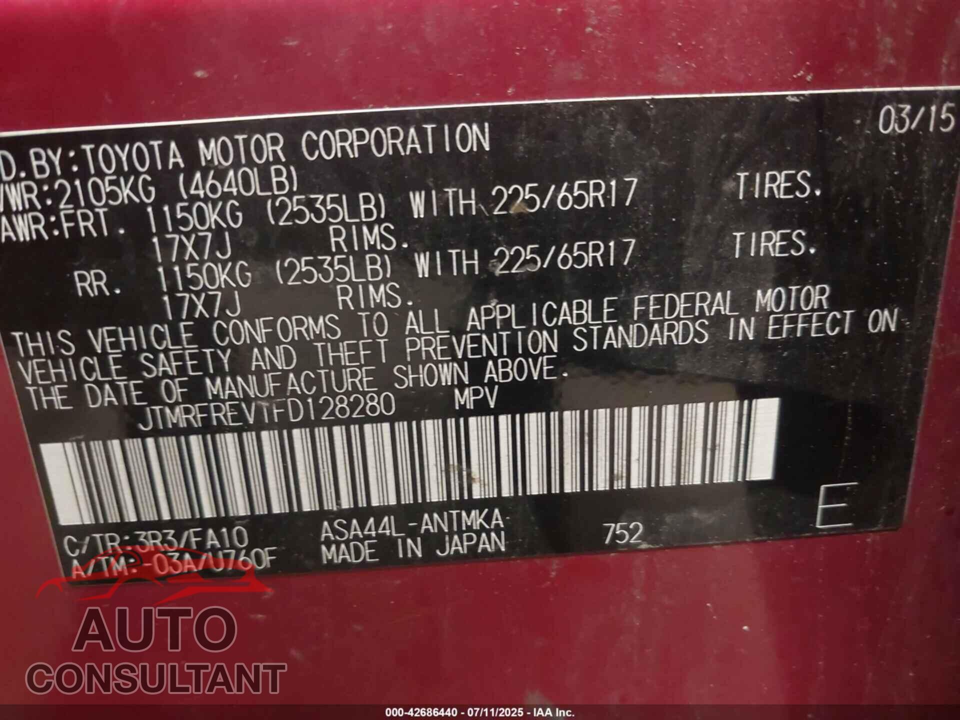 TOYOTA RAV4 2015 - JTMRFREV1FD128280