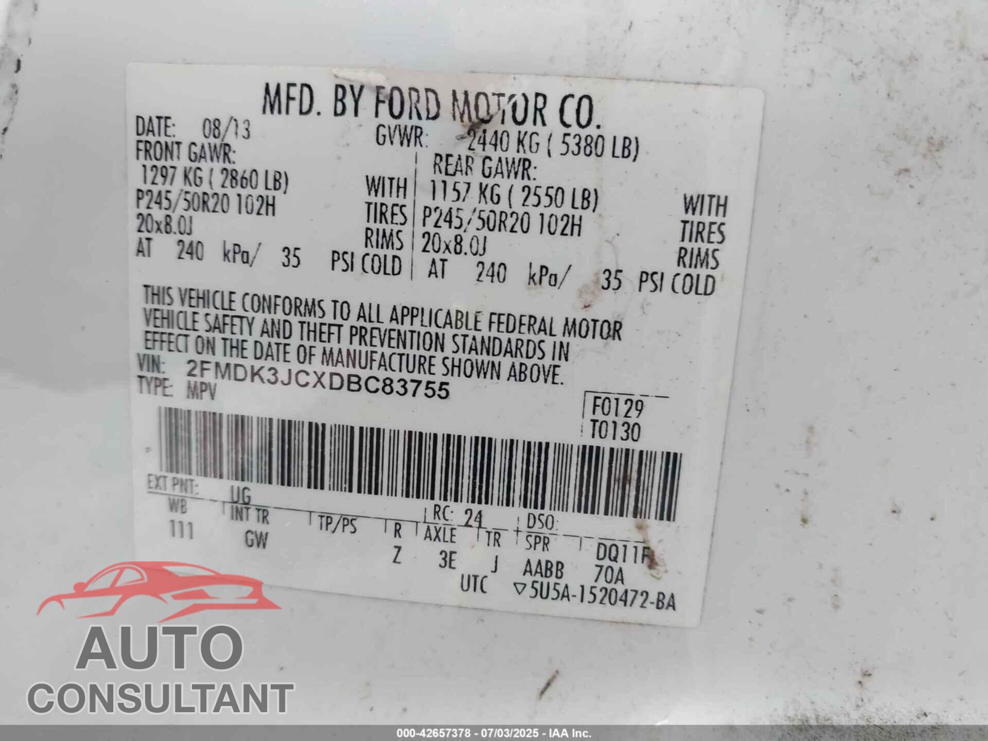 FORD EDGE 2013 - 2FMDK3JCXDBC83755