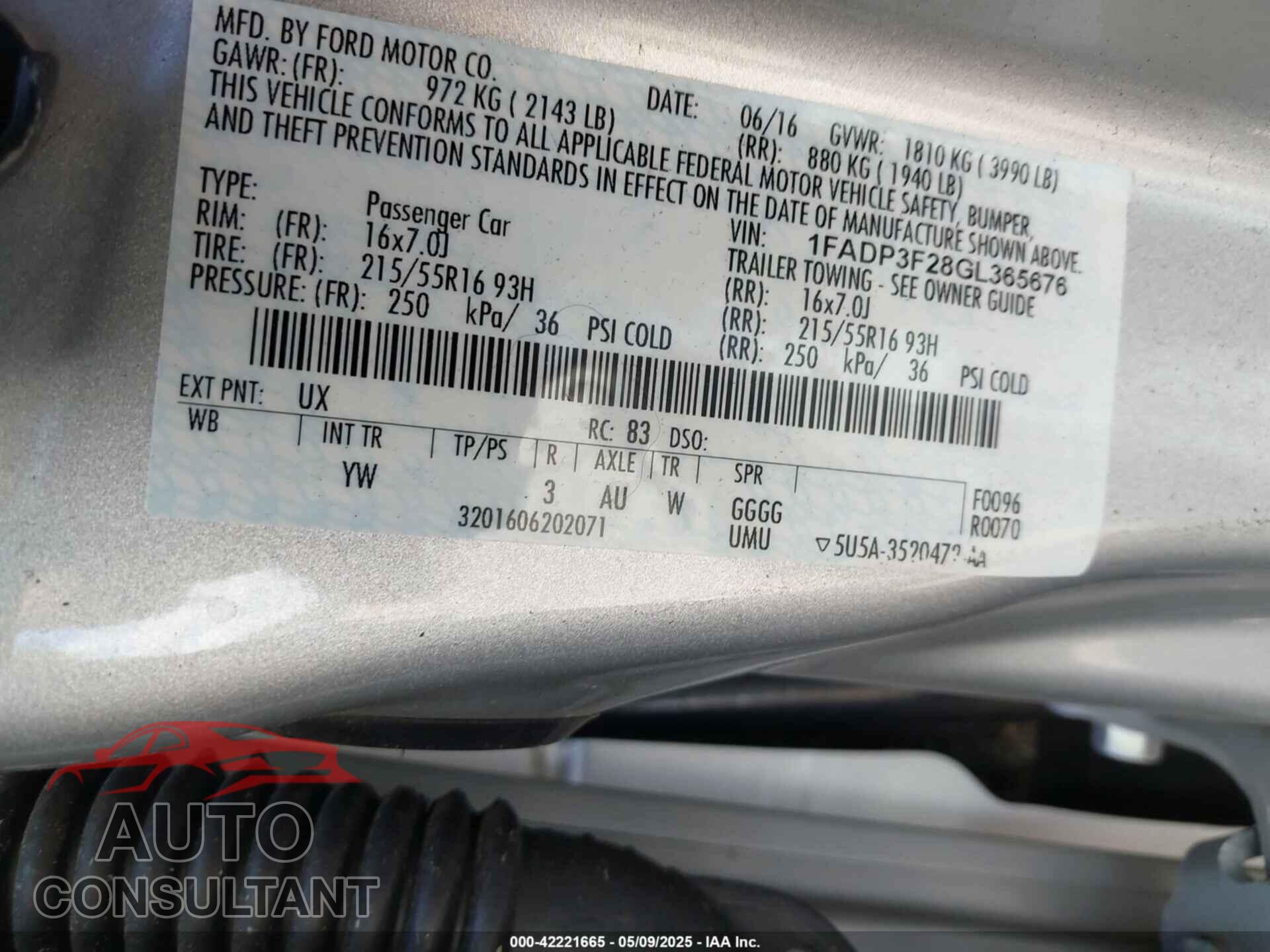FORD FOCUS 2016 - 1FADP3F28GL365676