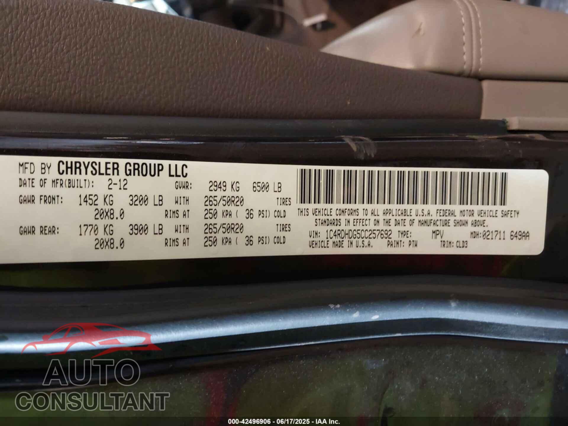 DODGE DURANGO 2012 - 1C4RDHDG5CC257692