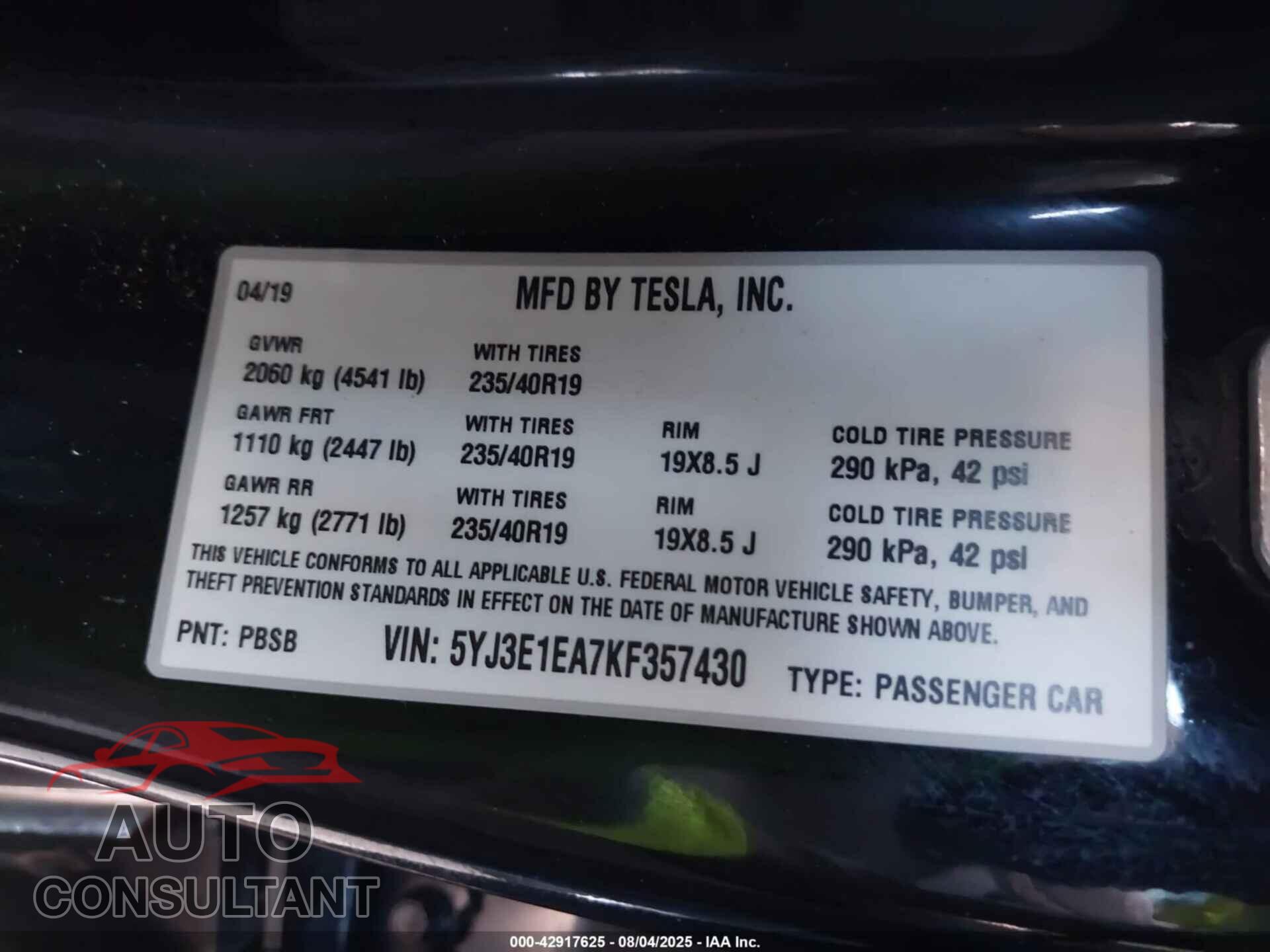 TESLA MODEL 3 2019 - 5YJ3E1EA7KF357430