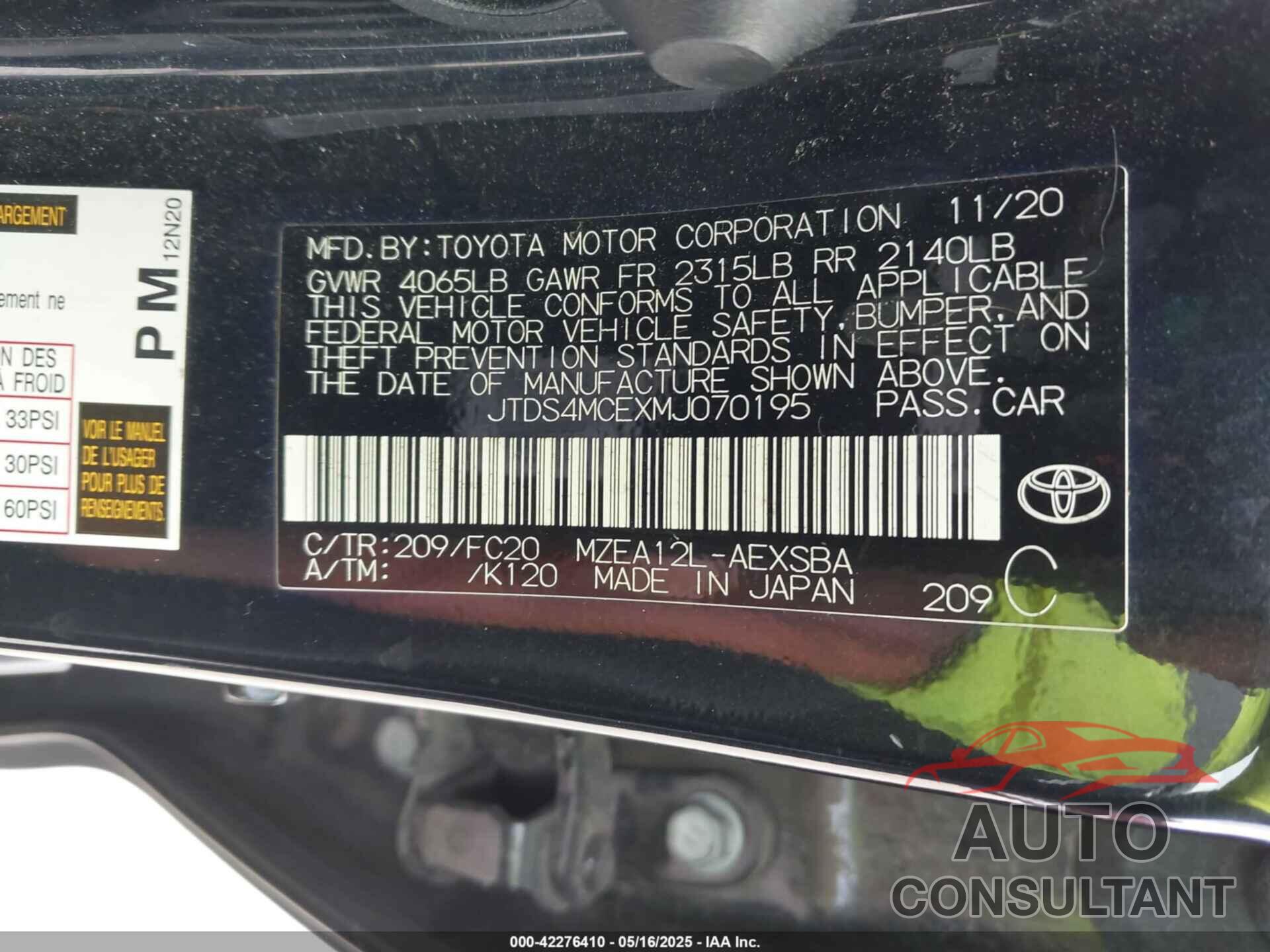 TOYOTA COROLLA 2021 - JTDS4MCEXMJ070195