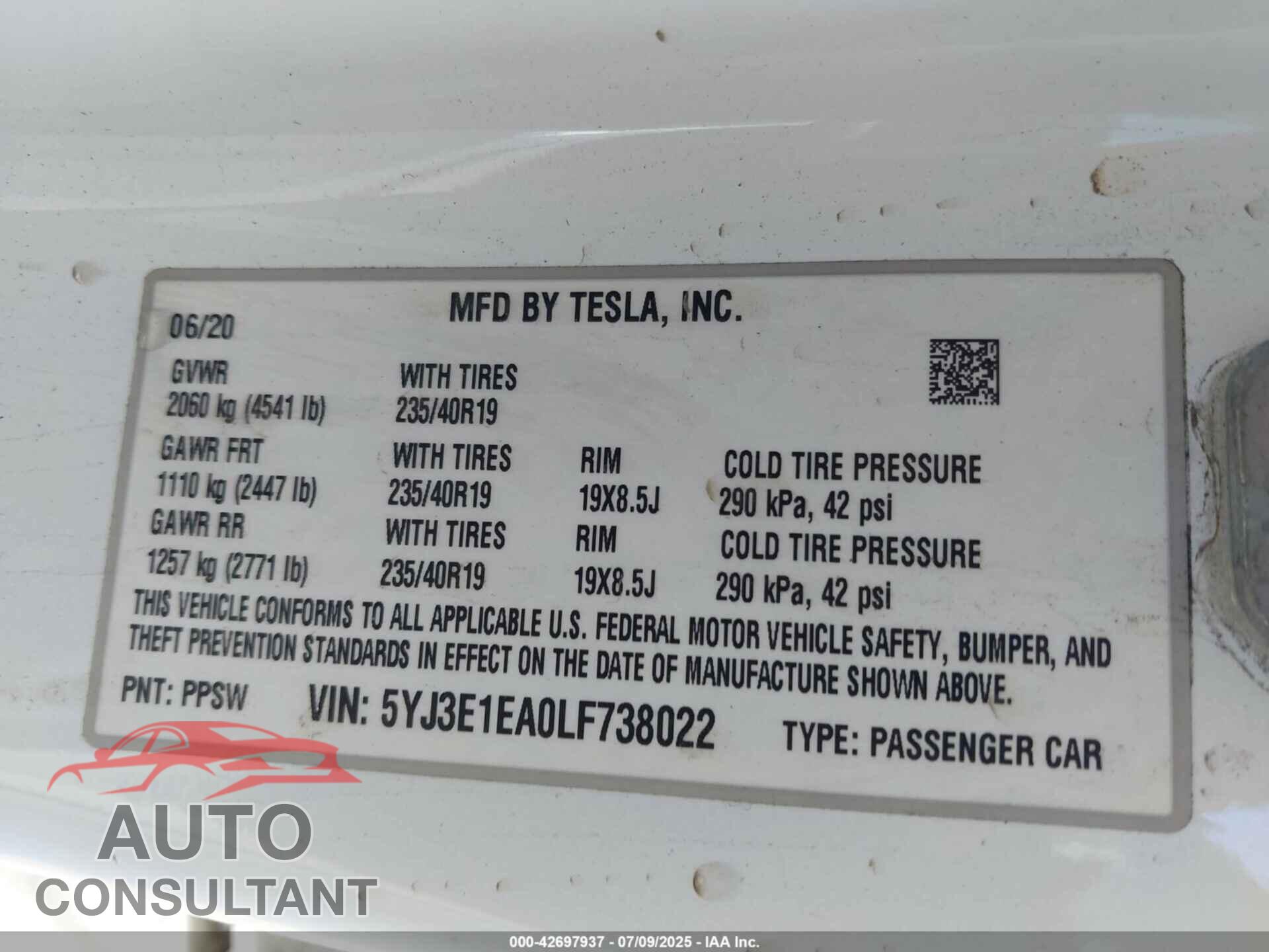 TESLA MODEL 3 2020 - 5YJ3E1EA0LF738022