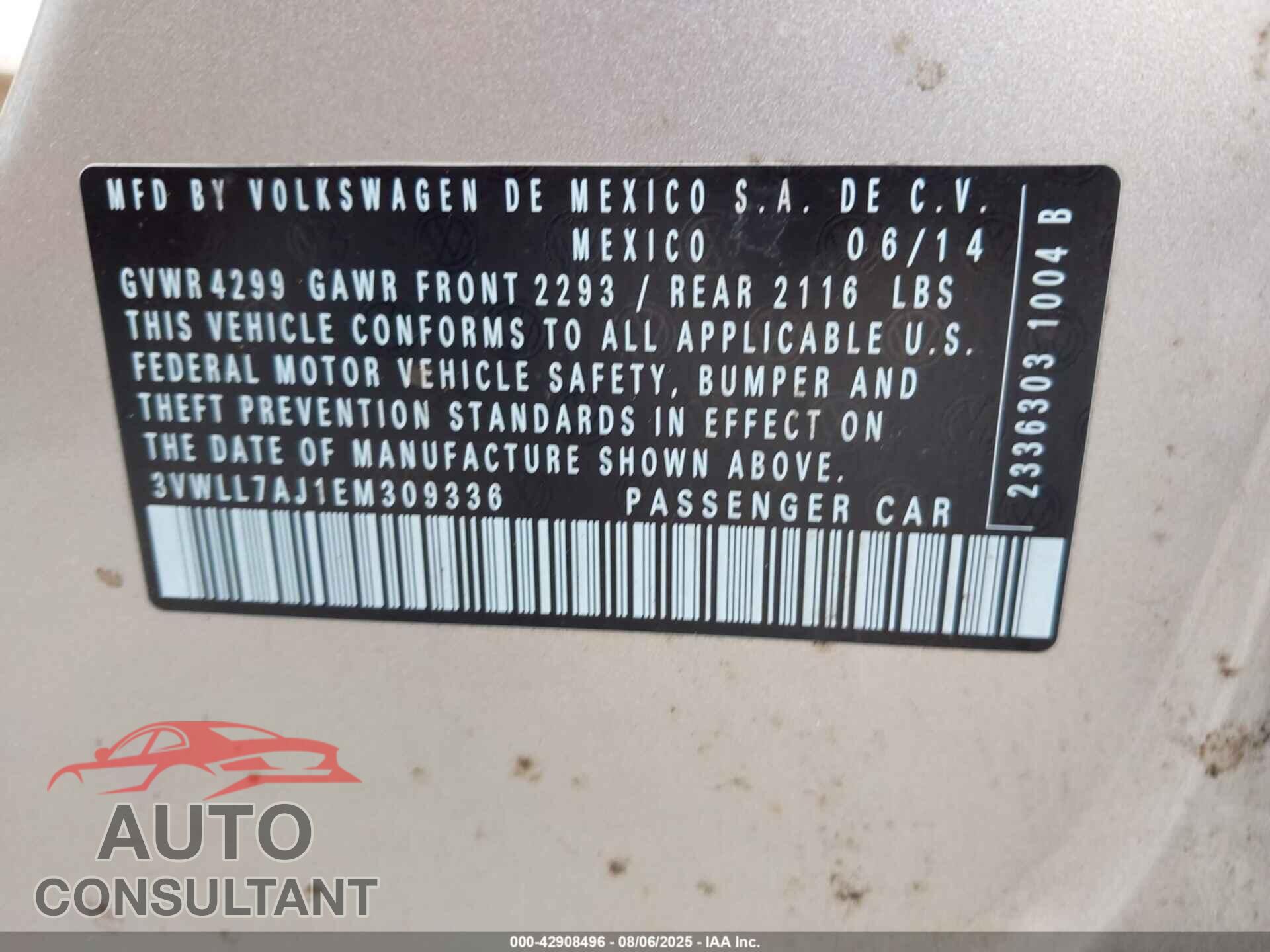 VOLKSWAGEN JETTA 2014 - 3VWLL7AJ1EM309336