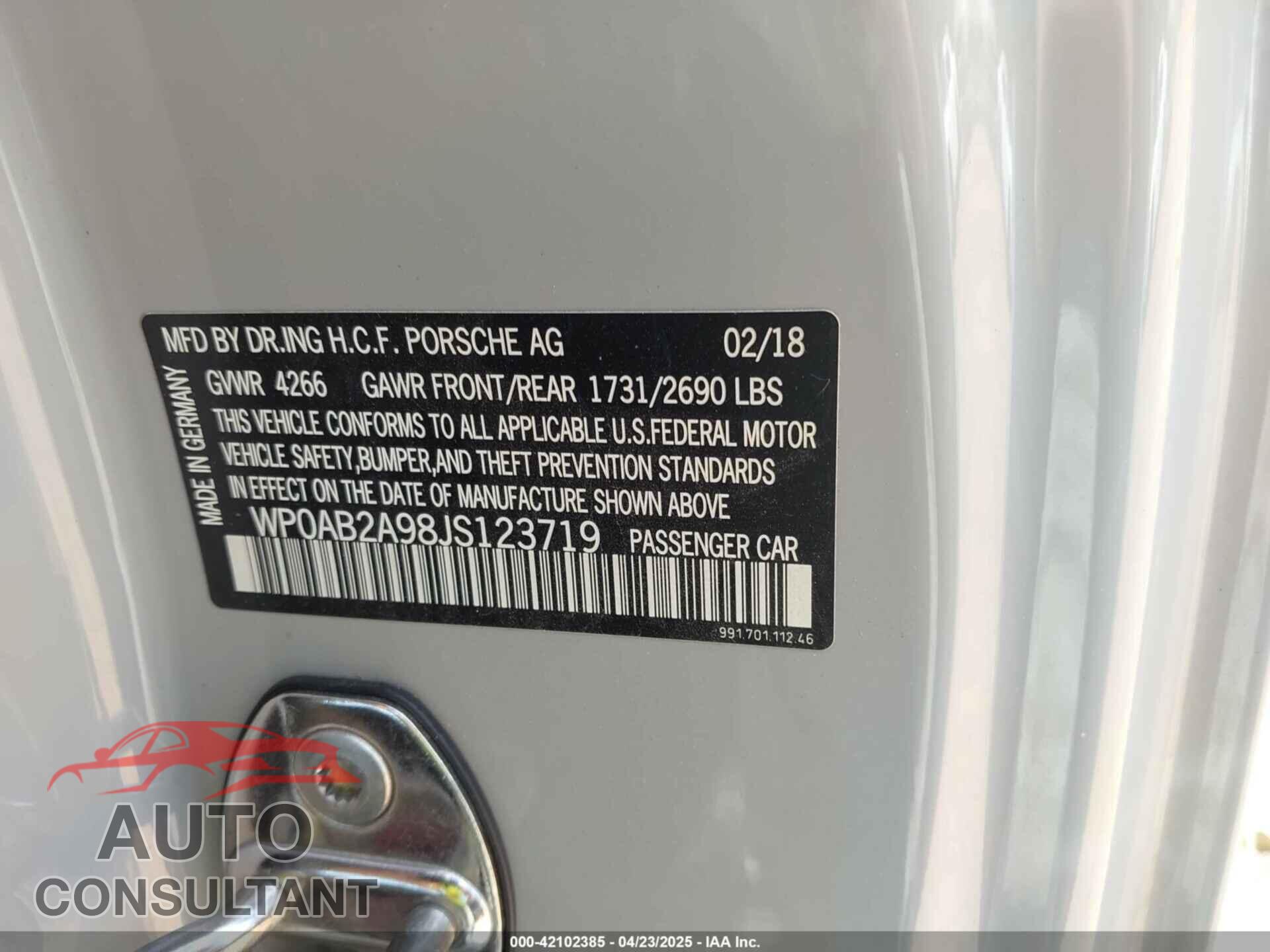 PORSCHE 911 2018 - WP0AB2A98JS123719