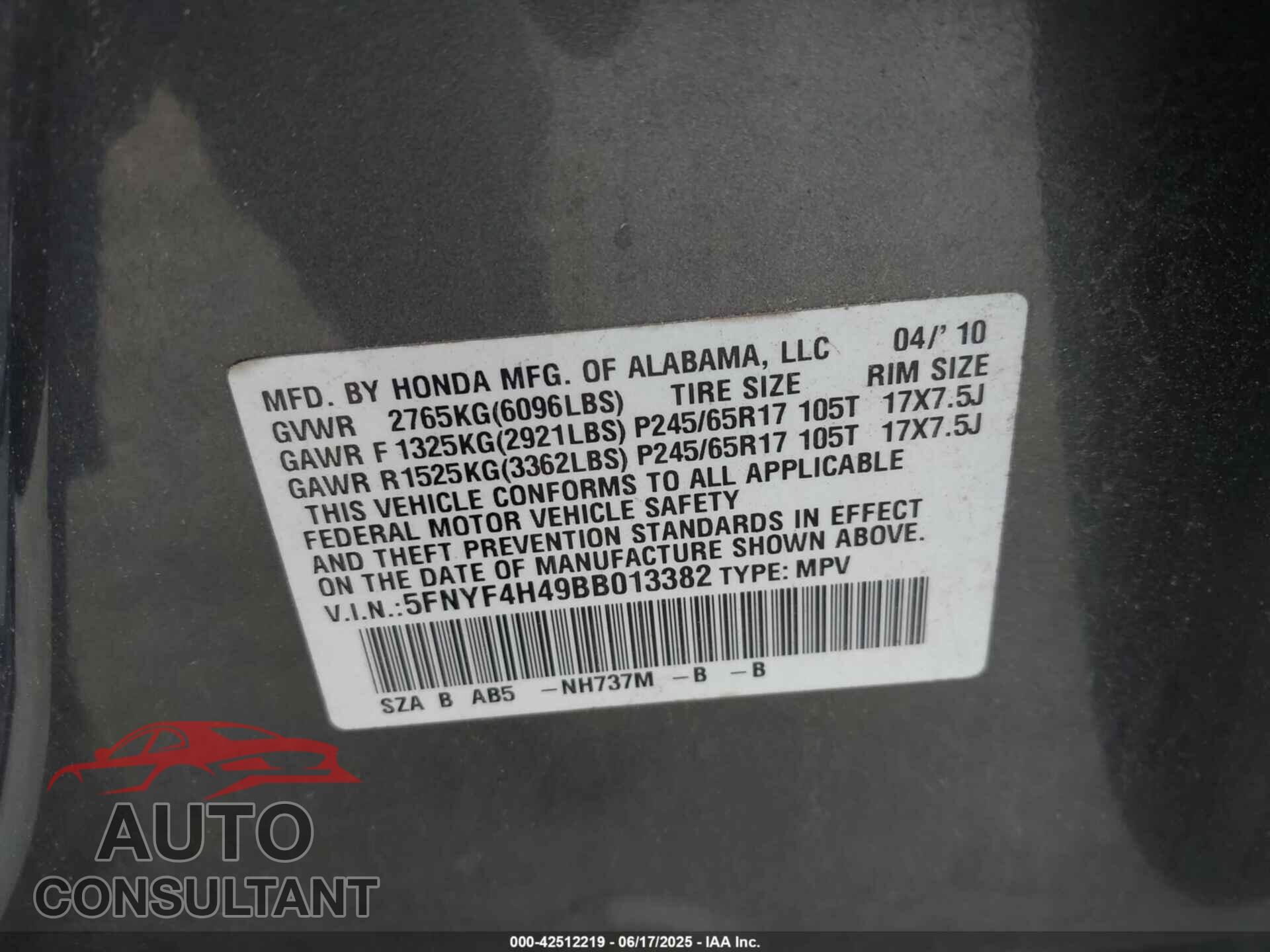 HONDA PILOT 2011 - 5FNYF4H49BB013382