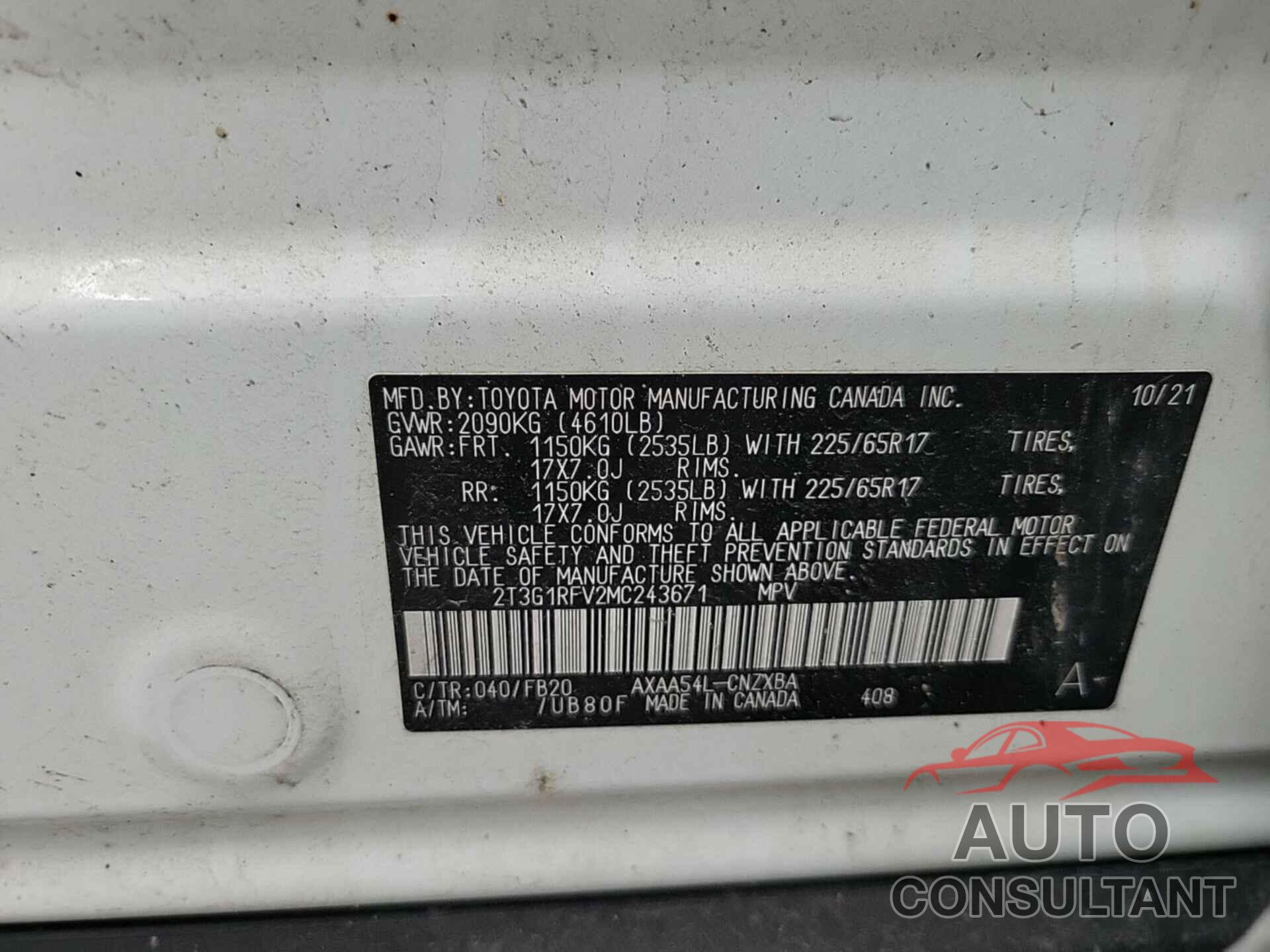 TOYOTA RAV4 2021 - 2T3G1RFV2MC243671