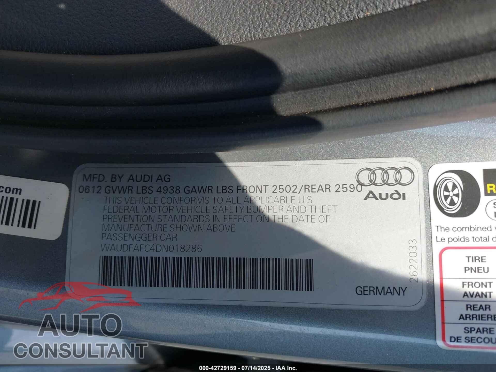 AUDI A6 2013 - WAUDFAFC4DN018286