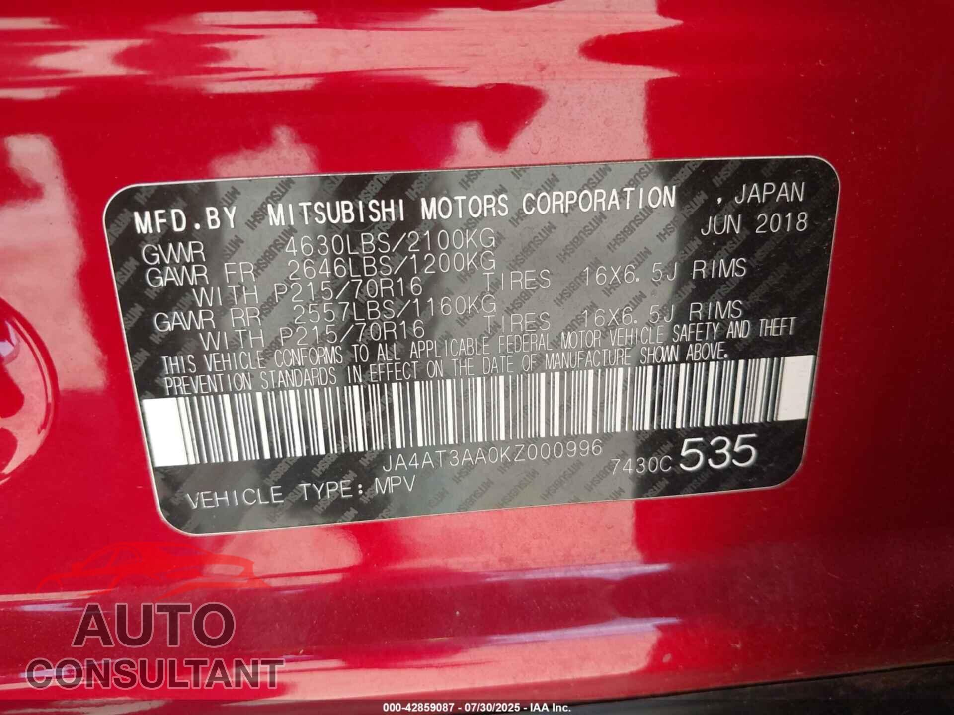 MITSUBISHI ECLIPSE CROSS 2019 - JA4AT3AA0KZ000996