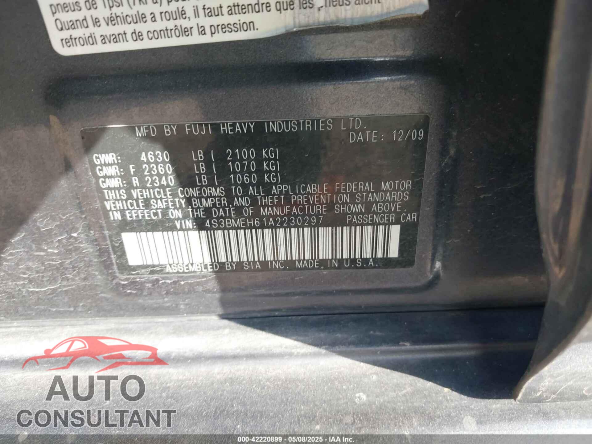 SUBARU LEGACY 2010 - 4S3BMEH61A2230297