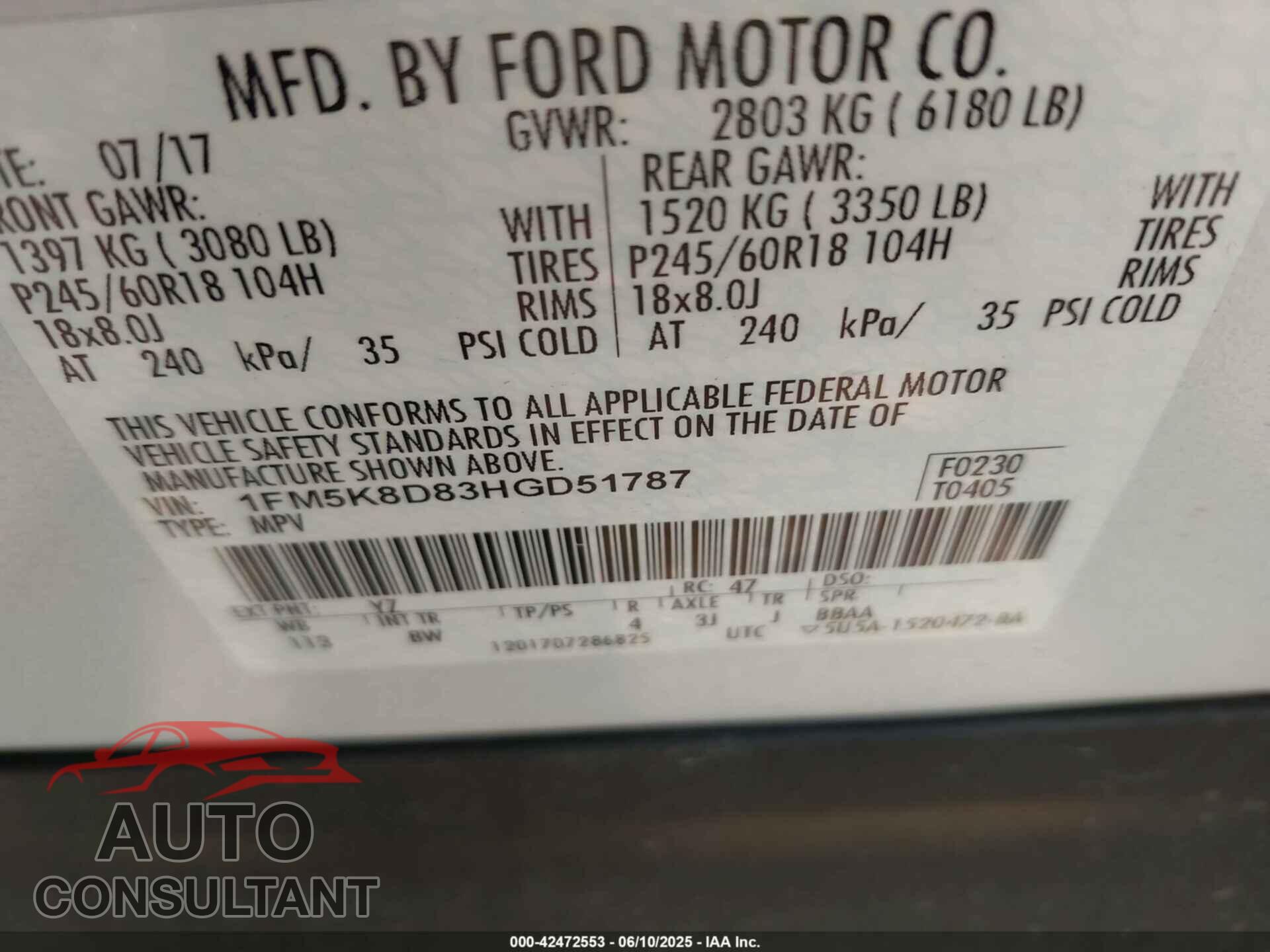 FORD EXPLORER 2017 - 1FM5K8D83HGD51787