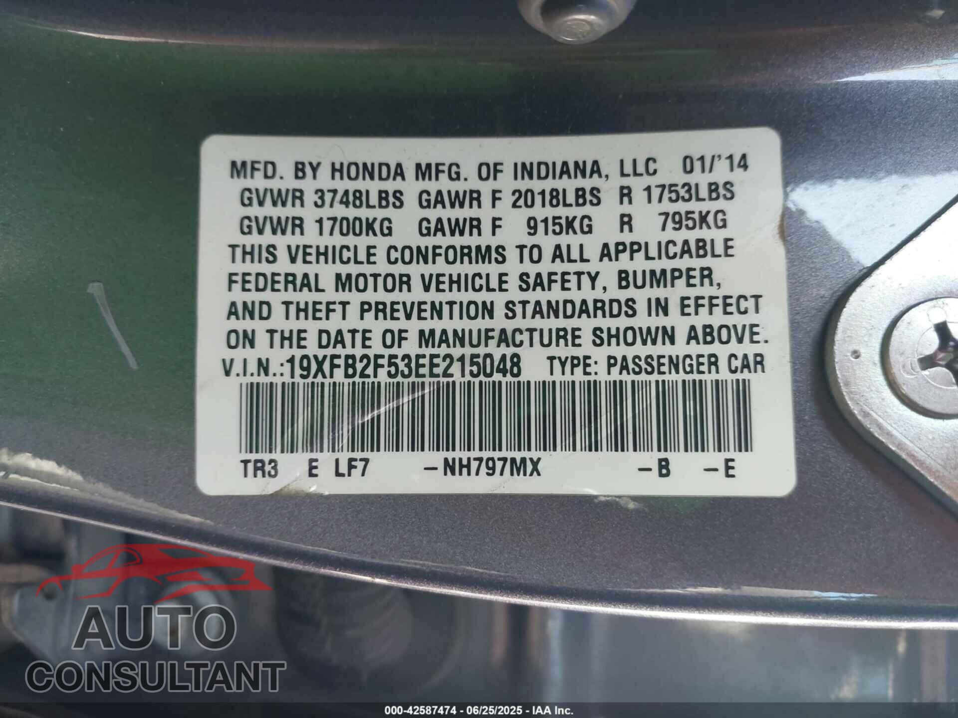 HONDA CIVIC 2014 - 19XFB2F53EE215048