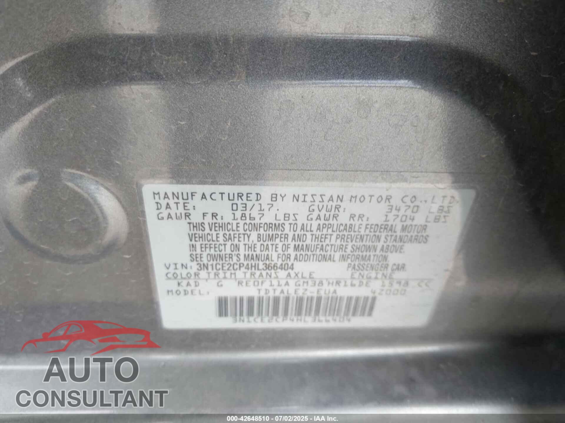 NISSAN VERSA NOTE 2017 - 3N1CE2CP4HL366404