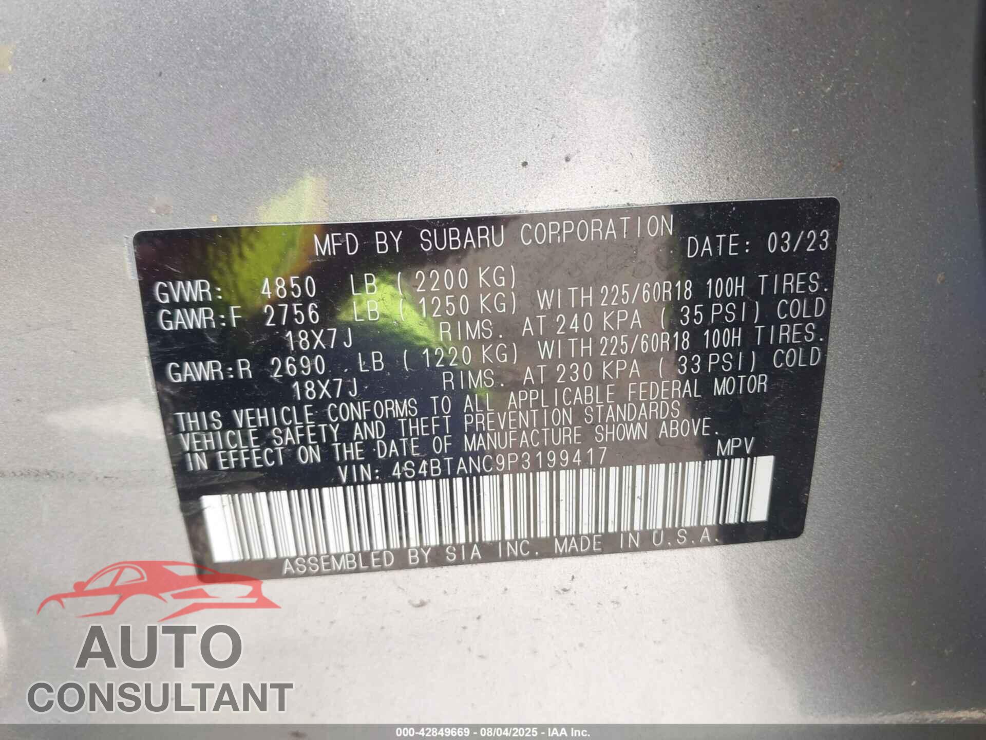 SUBARU OUTBACK 2023 - 4S4BTANC9P3199417