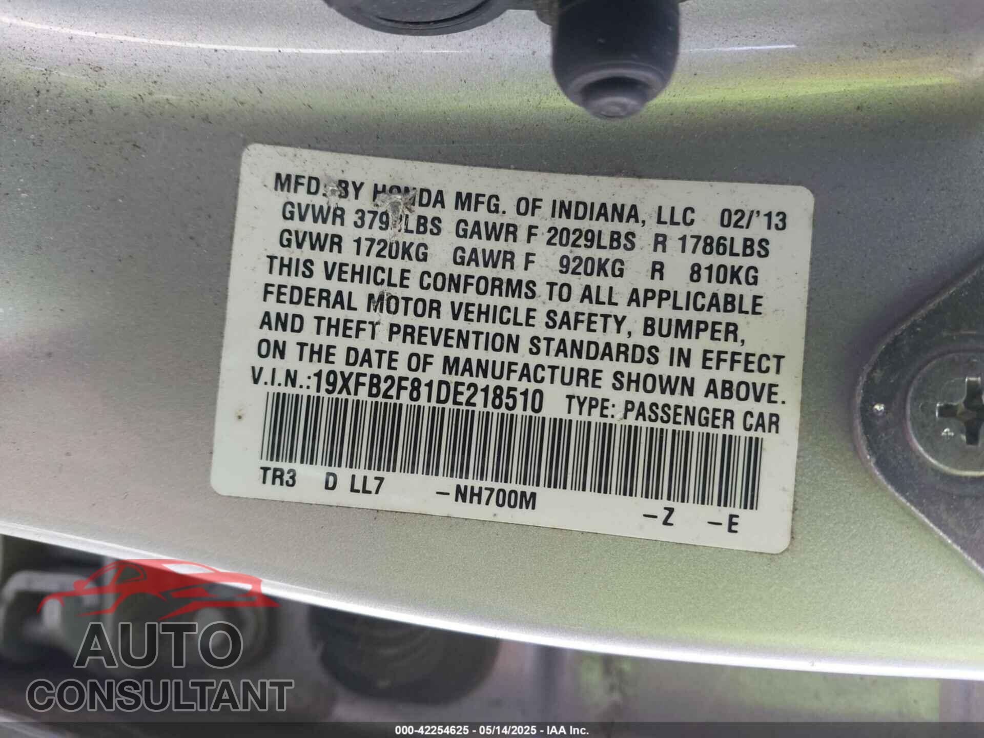 HONDA CIVIC 2013 - 19XFB2F81DE218510