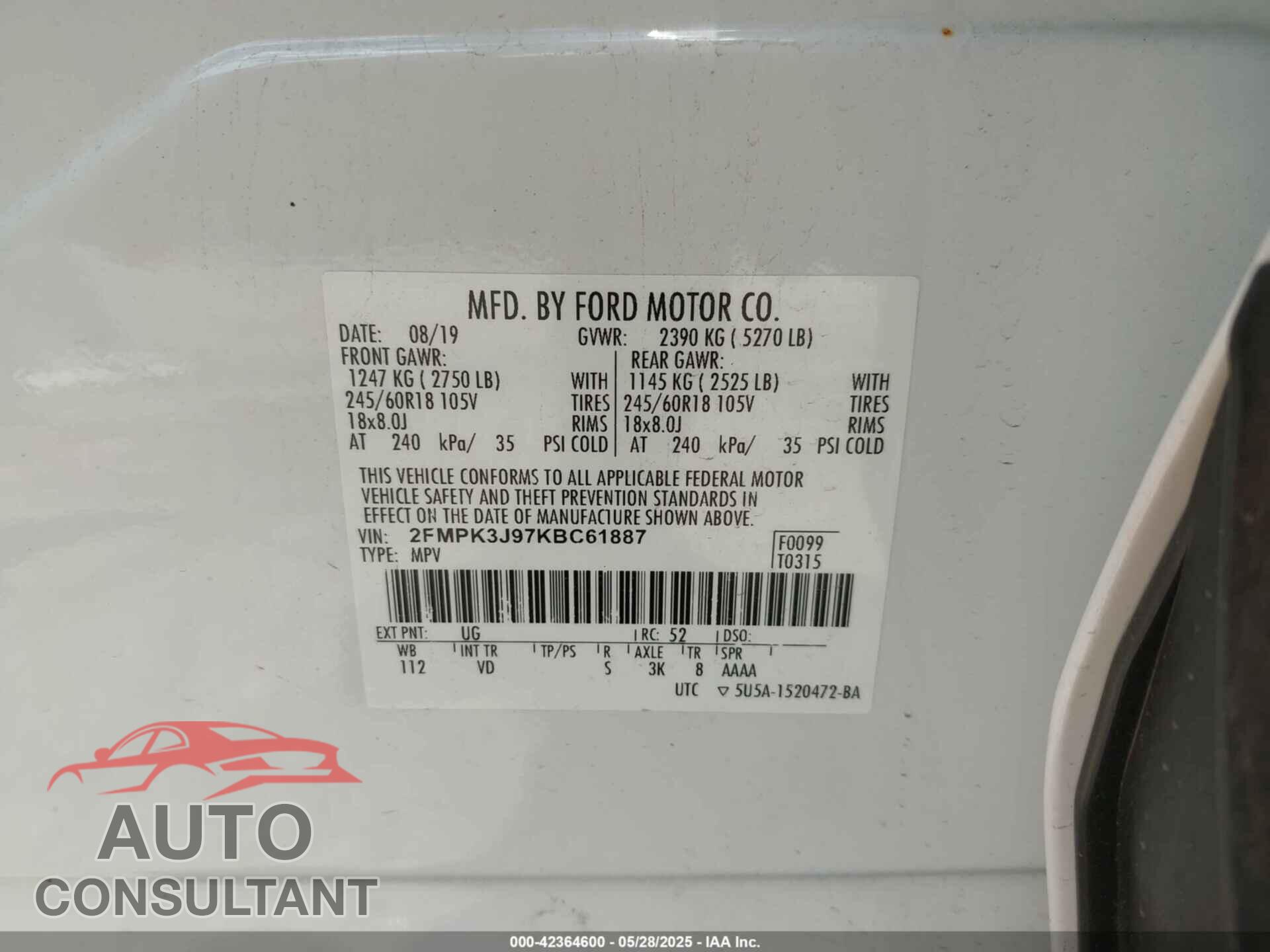 FORD EDGE 2019 - 2FMPK3J97KBC61887