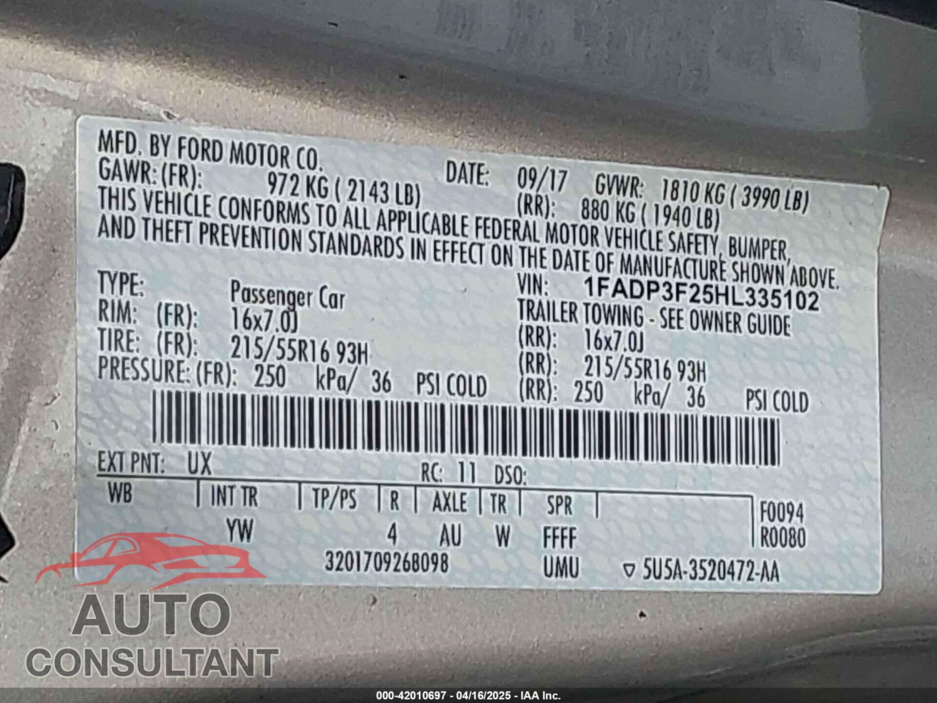 FORD FOCUS 2017 - 1FADP3F25HL335102