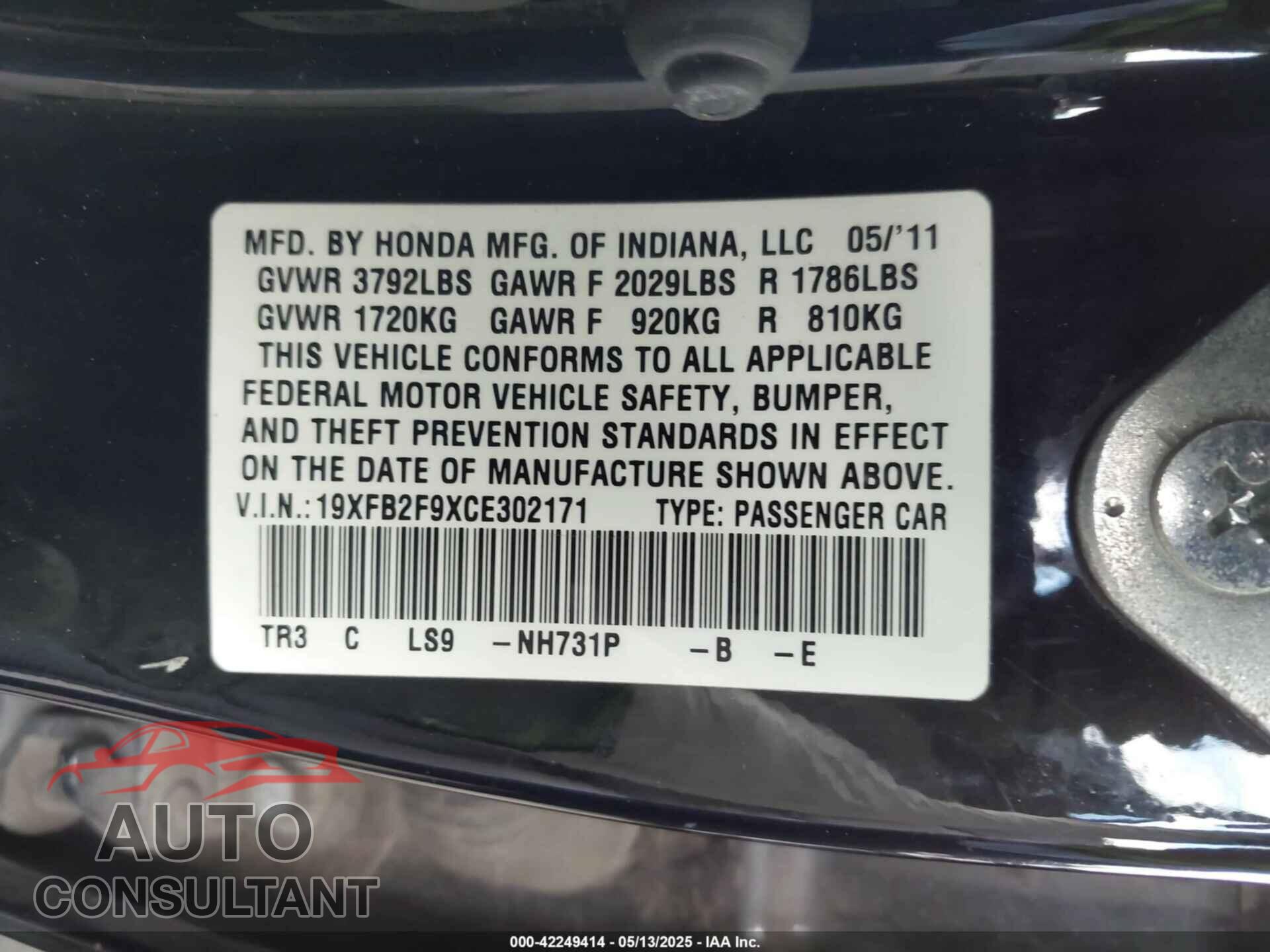 HONDA CIVIC 2012 - 19XFB2F9XCE302171