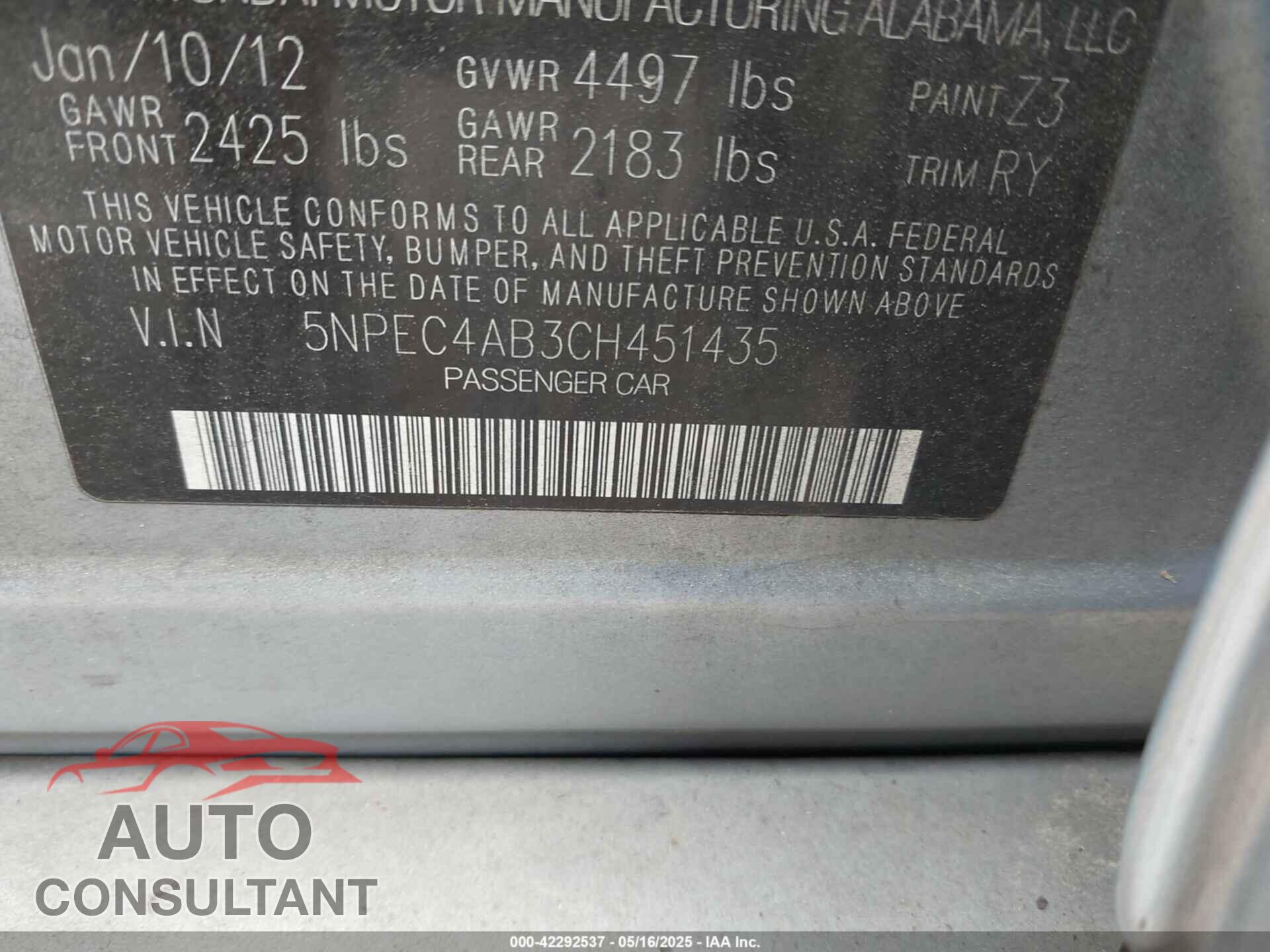 HYUNDAI SONATA 2012 - 5NPEC4AB3CH451435