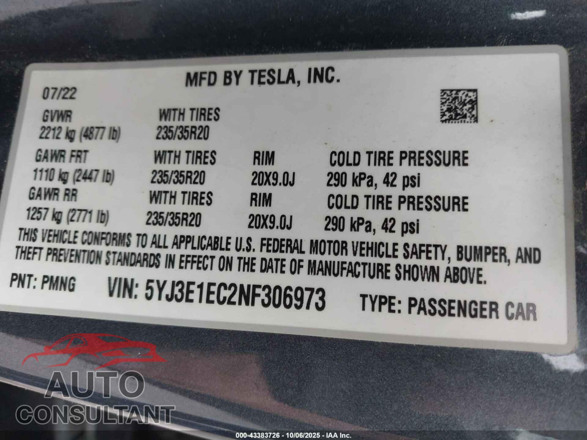 TESLA MODEL 3 2022 - 5YJ3E1EC2NF306973