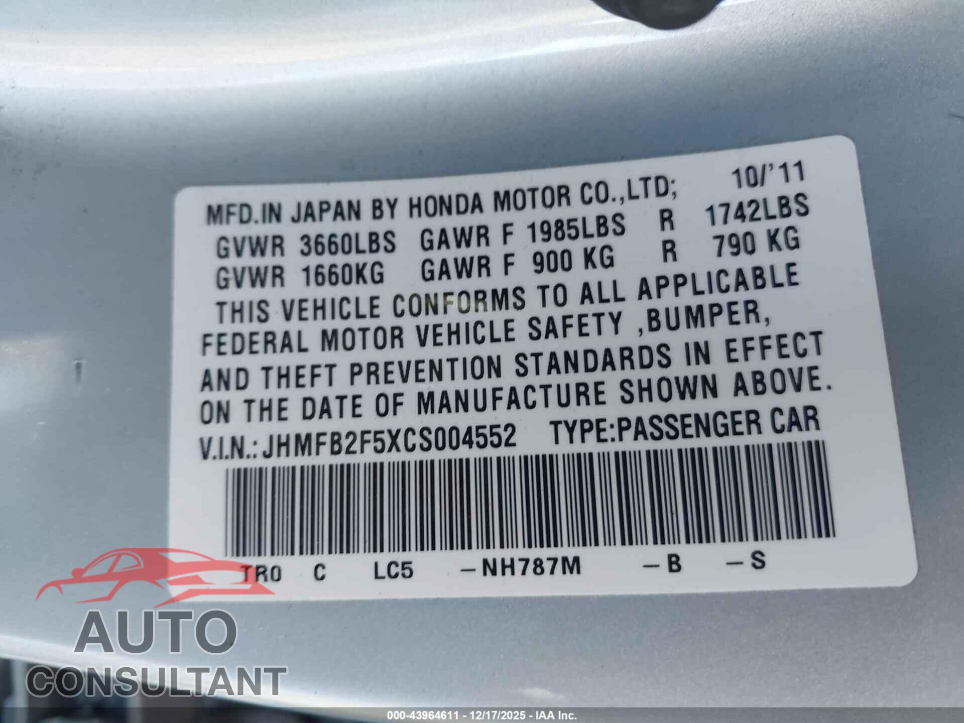 HONDA CIVIC 2012 - JHMFB2F5XCS004552