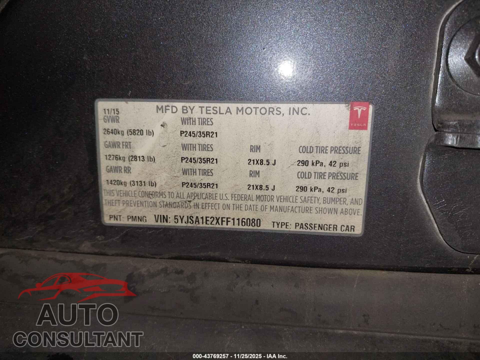 TESLA MODEL S 2015 - 5YJSA1E2XFF116080