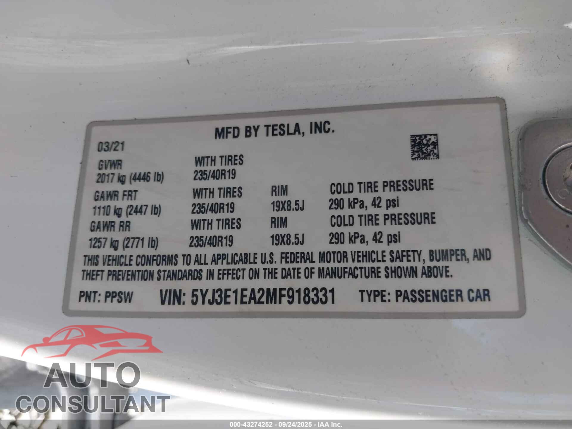TESLA MODEL 3 2021 - 5YJ3E1EA2MF918331