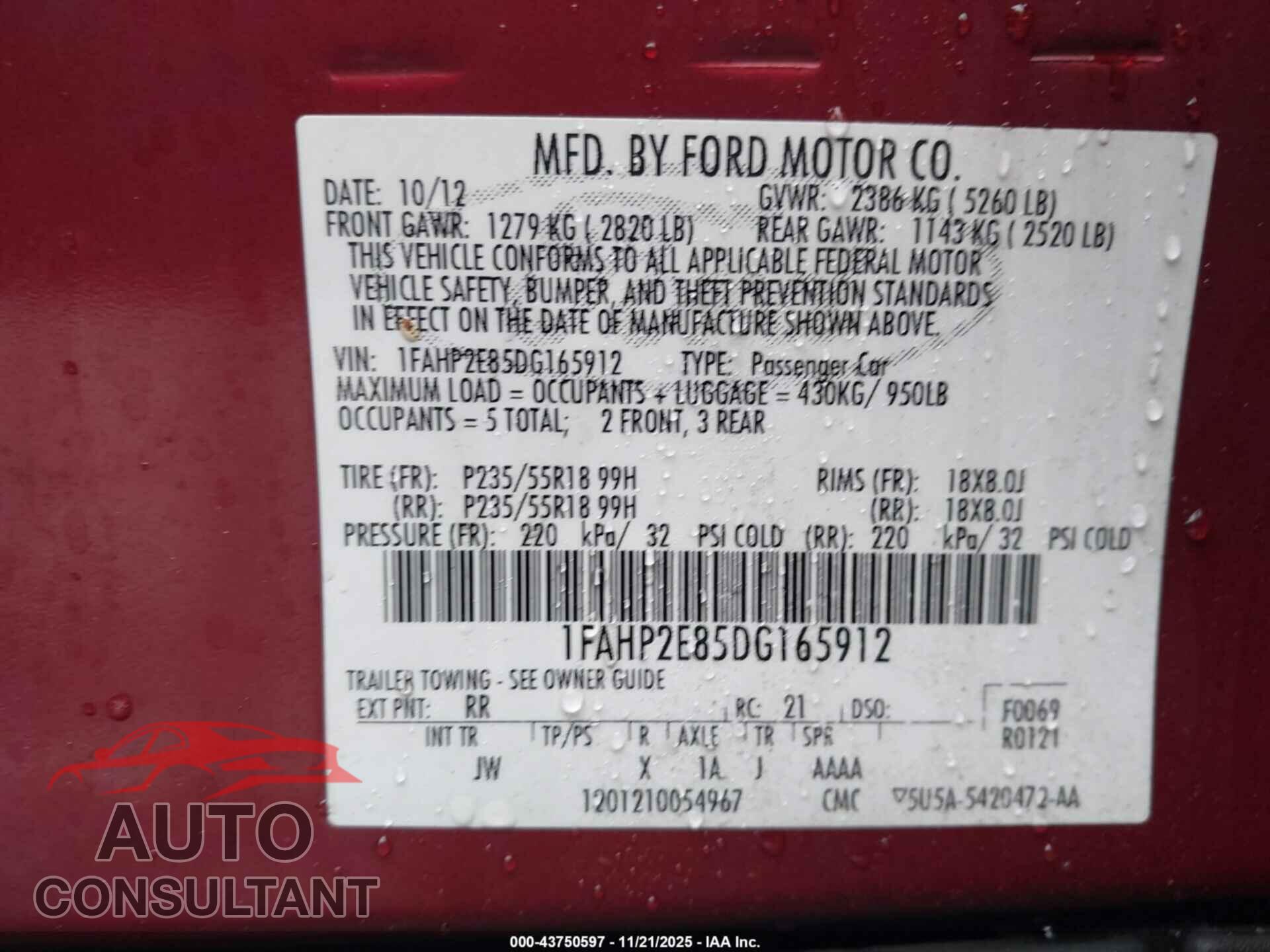 FORD TAURUS 2013 - 1FAHP2E85DG165912