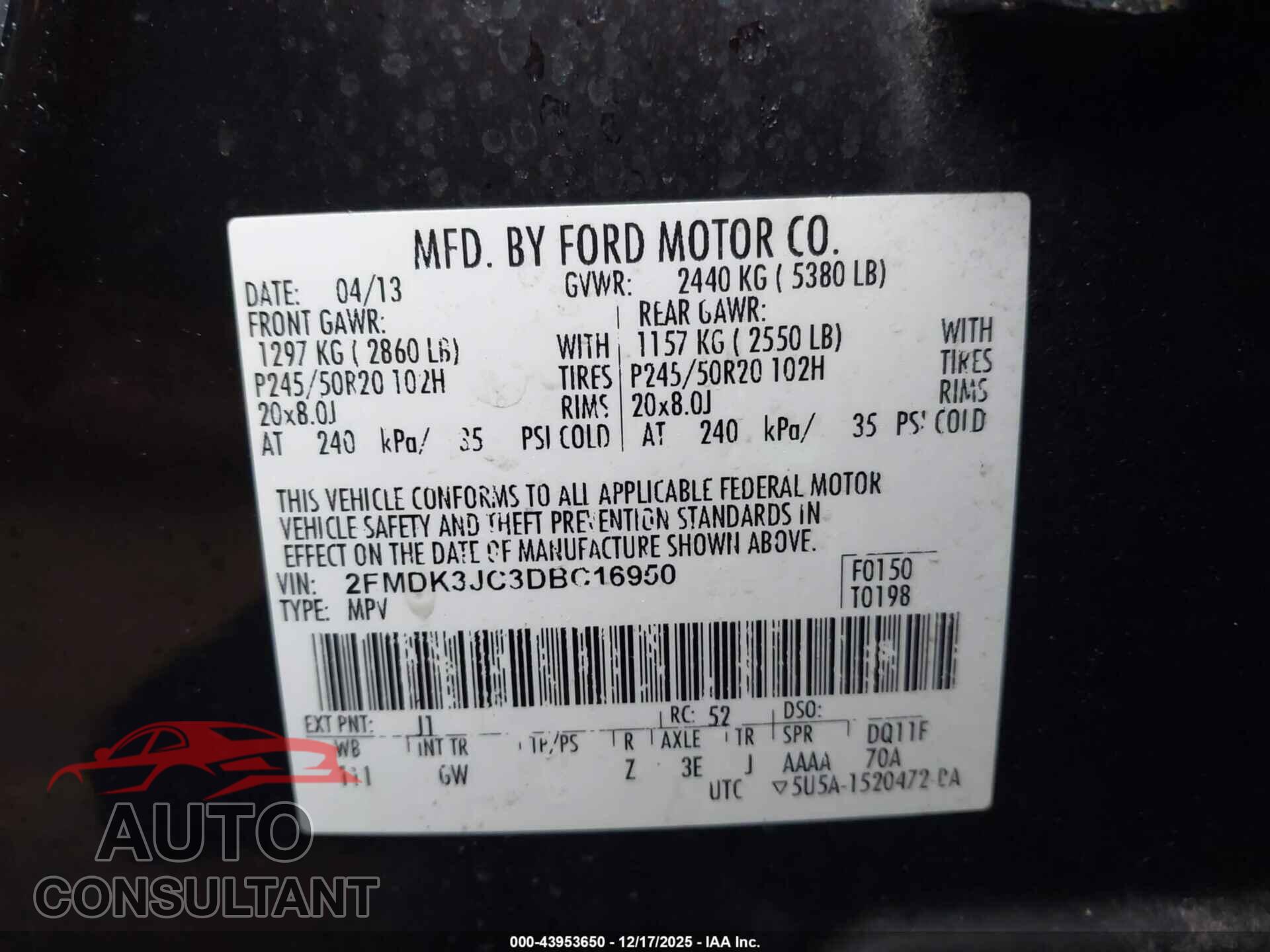 FORD EDGE 2013 - 2FMDK3JC3DBC16950