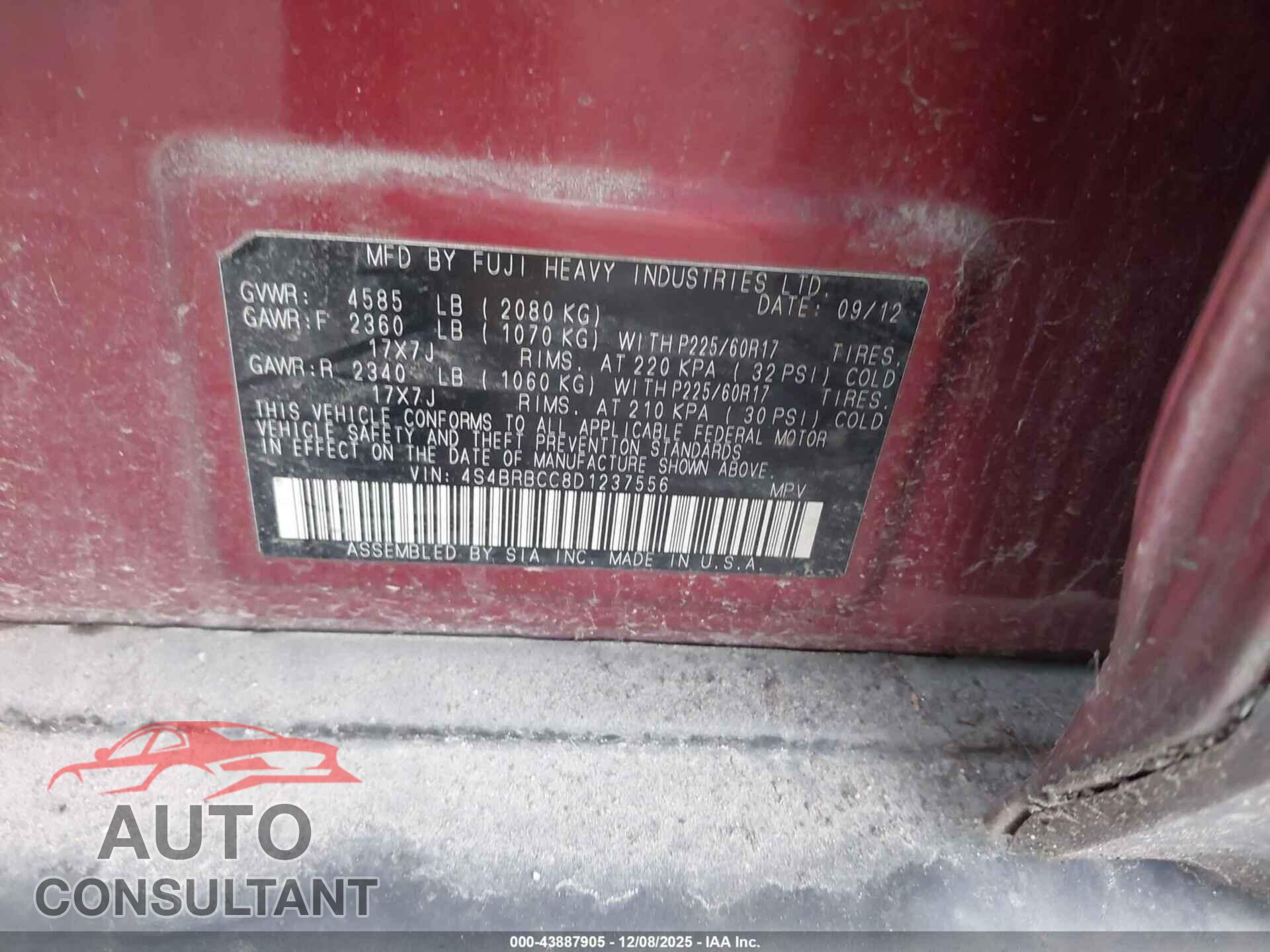 SUBARU OUTBACK 2013 - 4S4BRBCC8D1237556