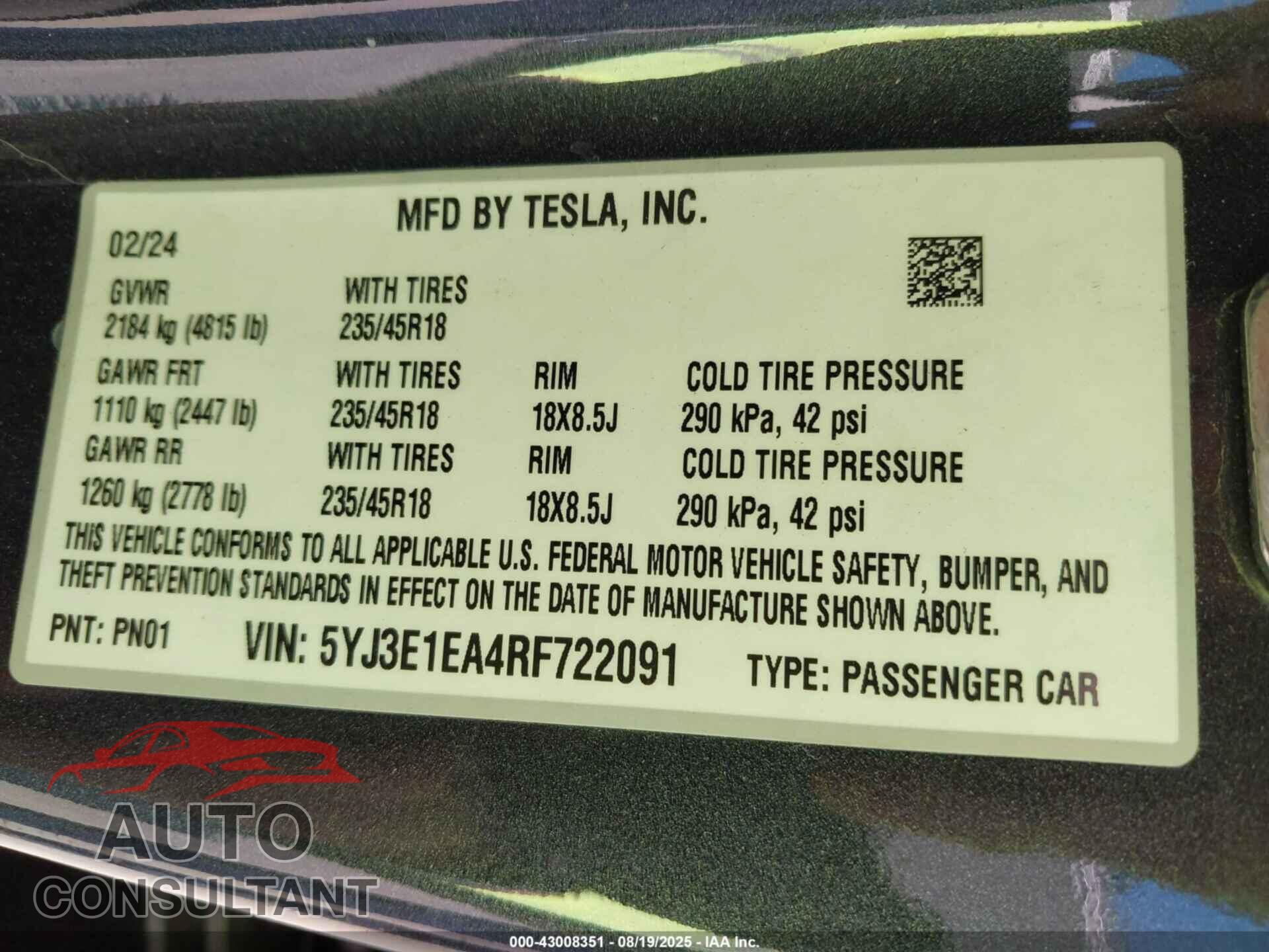 TESLA MODEL 3 2024 - 5YJ3E1EA4RF722091