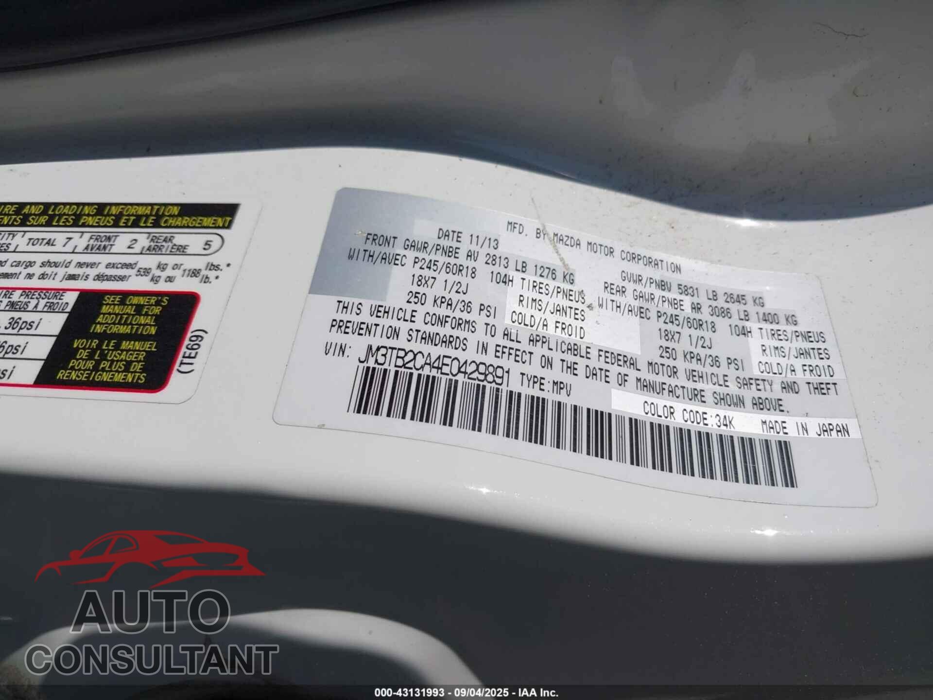 MAZDA CX-9 2014 - JM3TB2CA4E0429891