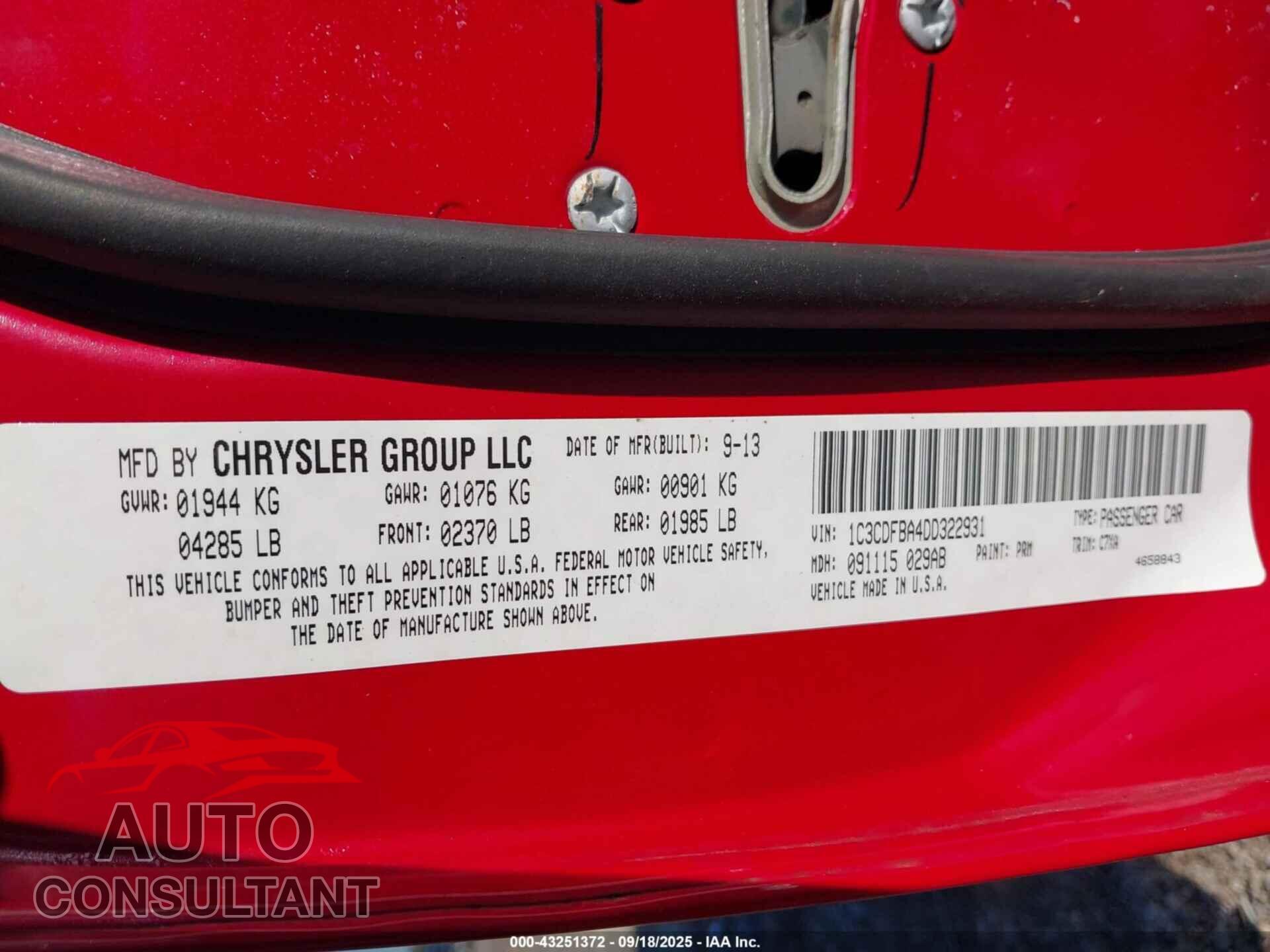 DODGE DART 2013 - 1C3CDFBA4DD322931