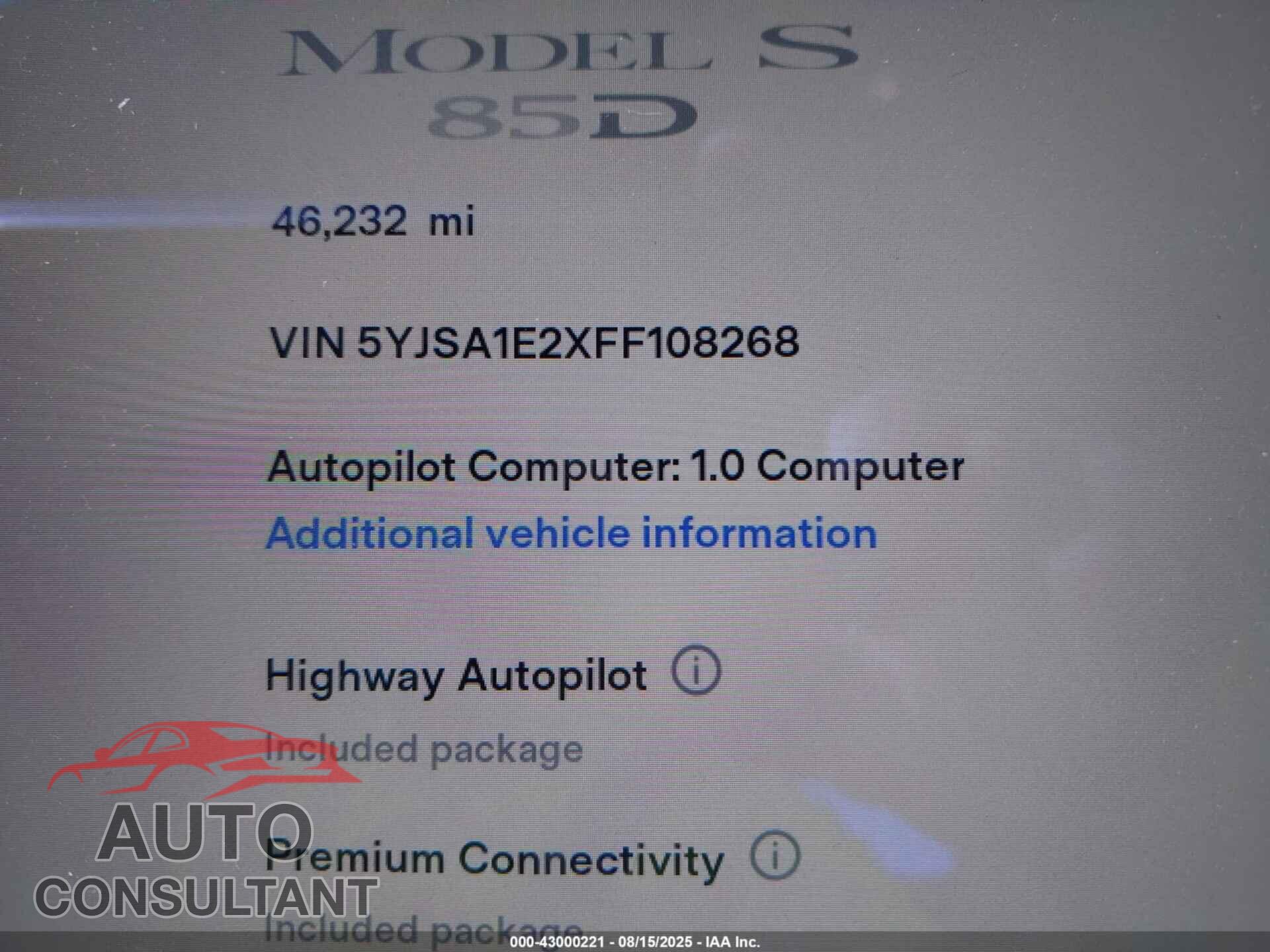 TESLA MODEL S 2015 - 5YJSA1E2XFF108268