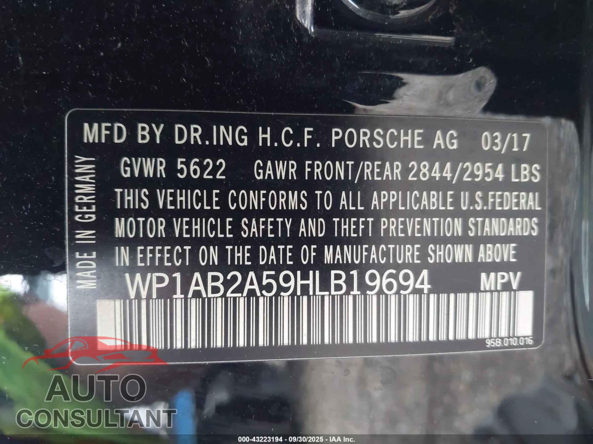 PORSCHE MACAN 2017 - WP1AB2A59HLB19694